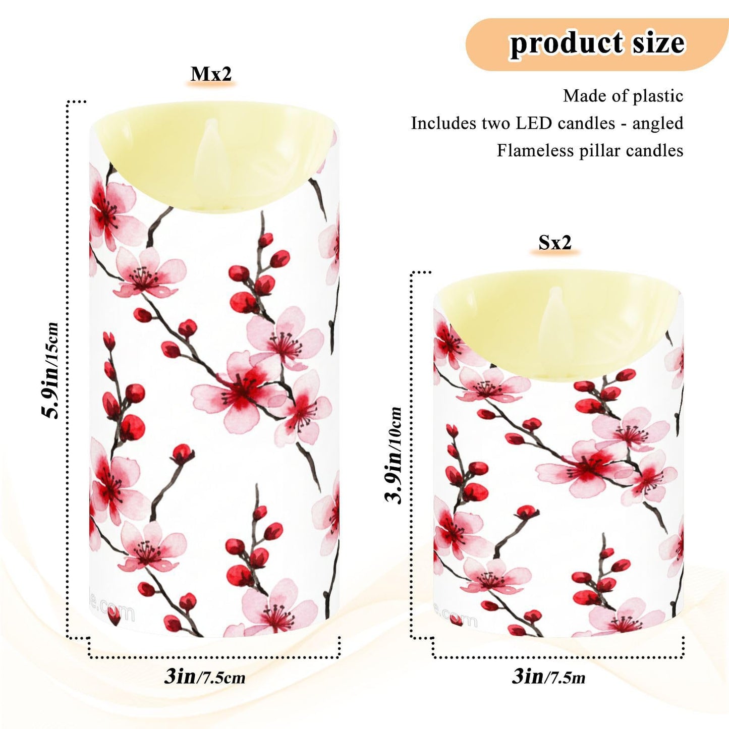 ALAZA Cherry Blossoms Pink Red Flickering Flameless Candles Battery Operated with Remote Timer,Tea Light Candles LED Pillar Votive Set of 2 for Outdoor Indoor Decorations 3" x5.9"