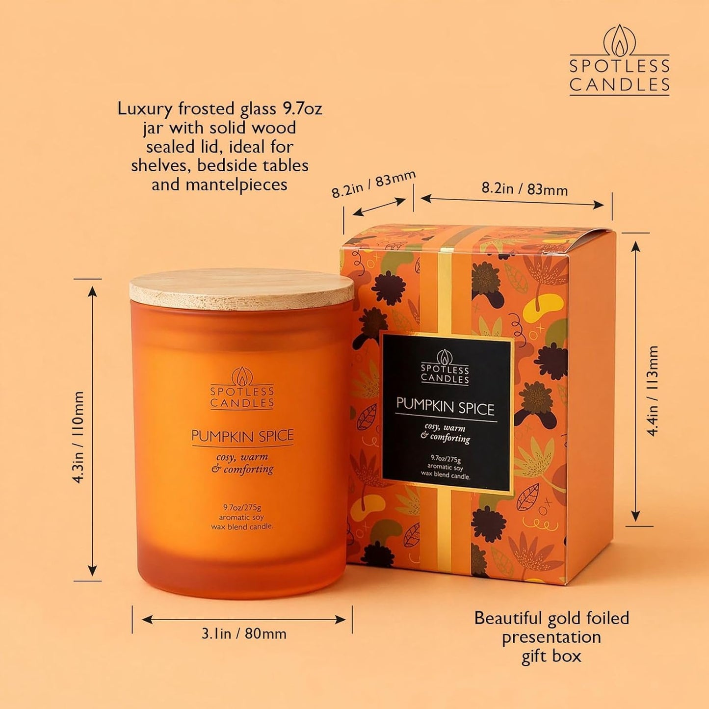 Pumpkin Spice Candle; 9.7 oz:, 55 Hrs Burn Time, Soy Wax Orange Frosted Jar with Crackling Wooden Wick & Luxury Gift Box: Pumpkin Spice Scented Candle by Spotless Candles