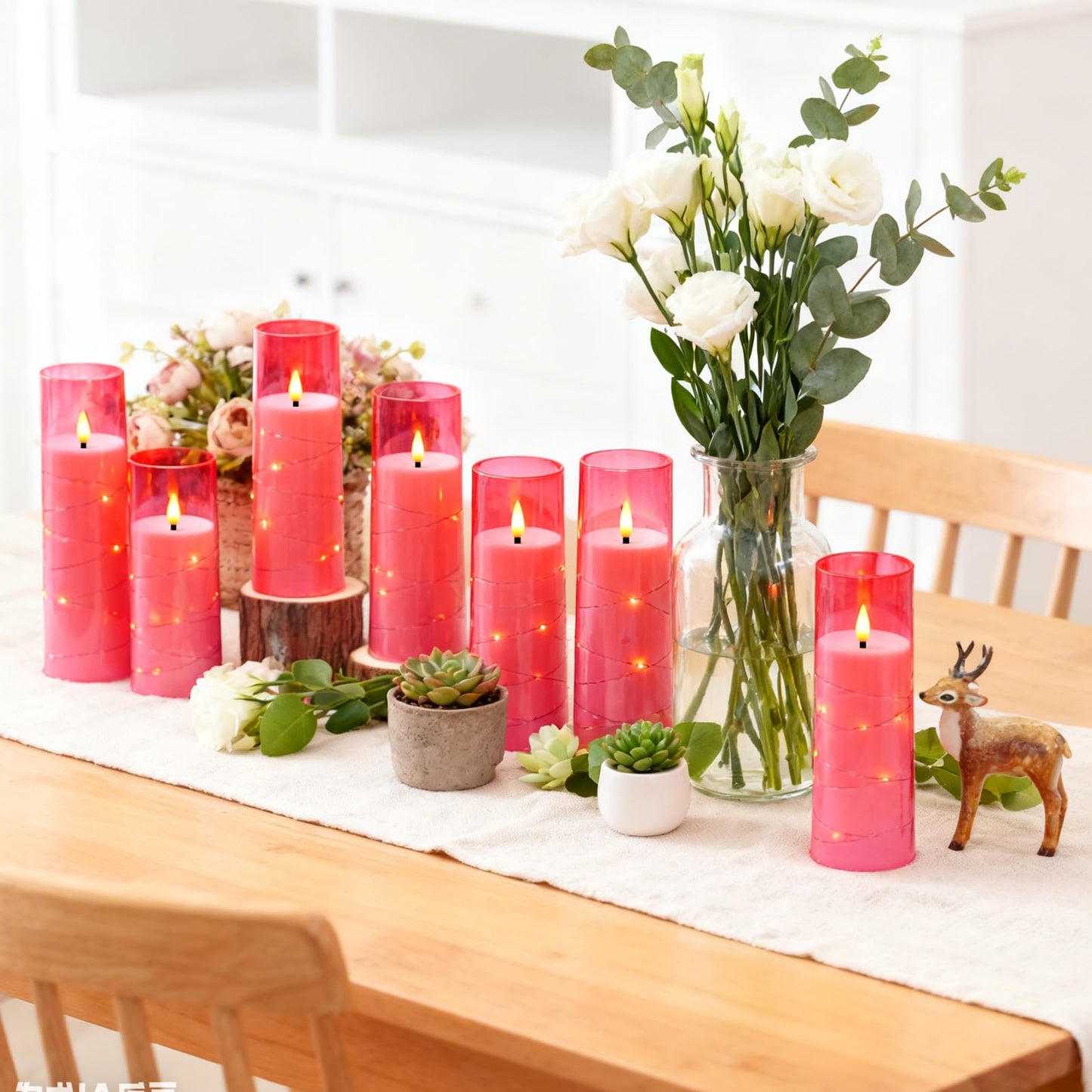 Eebuss Flameless Candles with Embedded Star String, Battery Operated LED Pillar Candles with Timer and Remote Control,Home Decorating for Ambiance， Set of 7 (Pink)