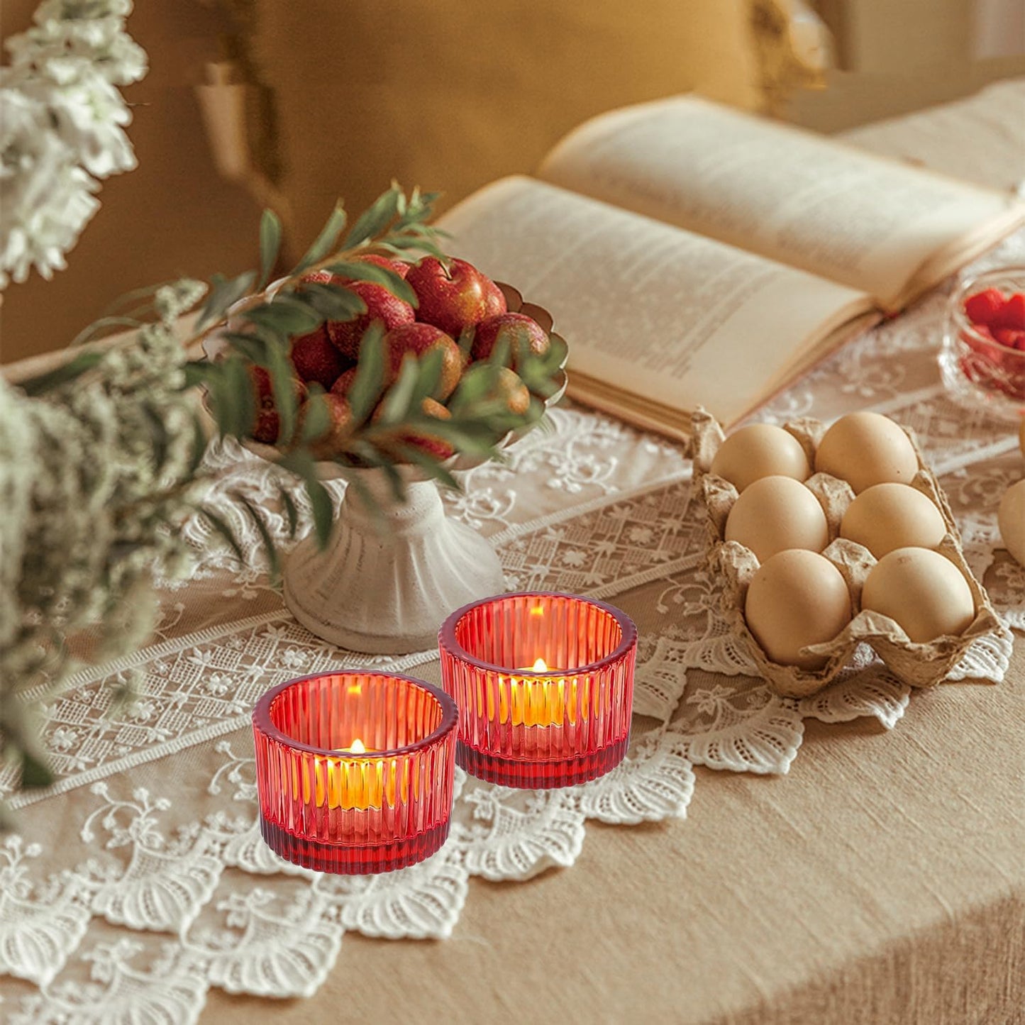 2 Pcs Tealight Candle Holder,Votive Candle Holders Glass Candle Holders Tea Lights Candle Holder for Table Centerpiece Decor Party&Home,Wedding Deco (Red)