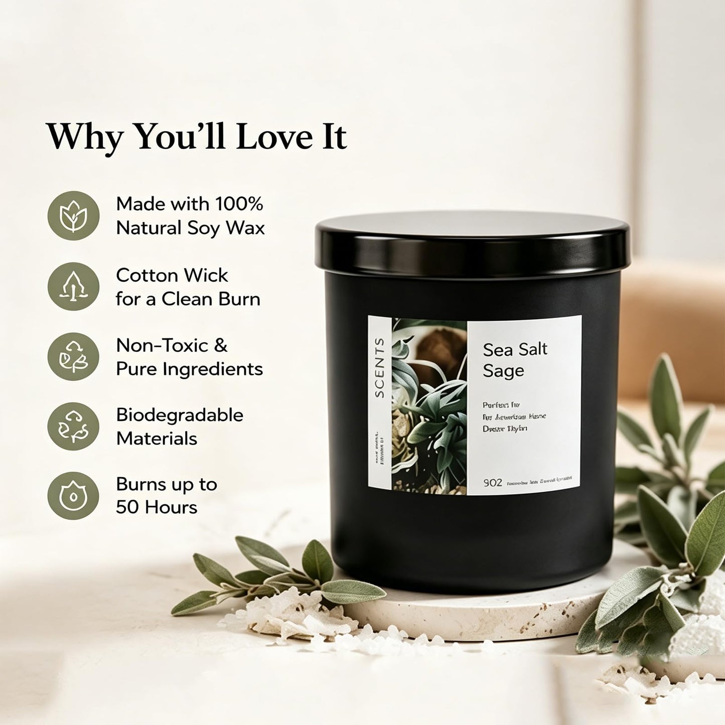 Sea Salt Sage Soy Candle, Driftwood Aromatherapy Candle for Home, Natural Soy Wax Sleep Candle with Citrus Woody Scent for Bedroom, Relaxation, Bath & Self Care Gift