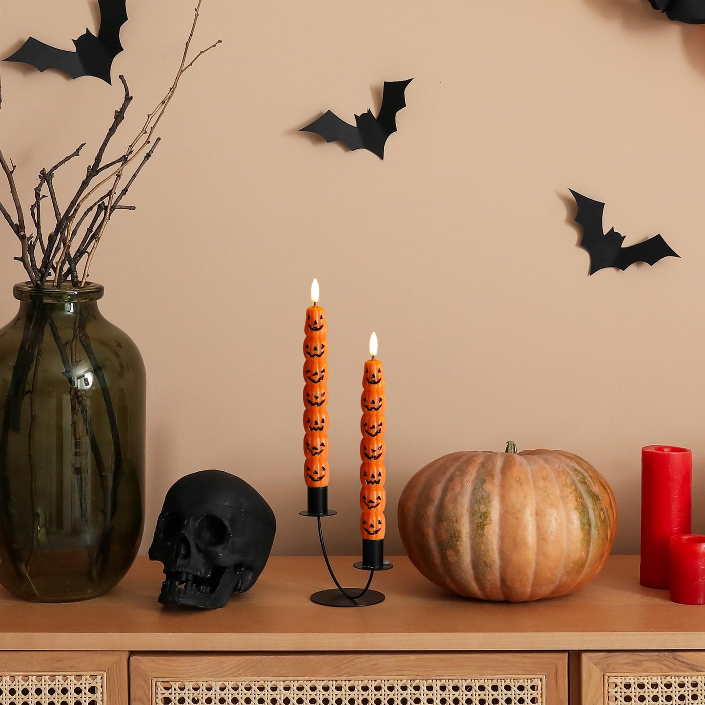 Girimax Orange Pumpkin Halloween Flameless Taper Candles with Remote, Flickering Spooky LED Wax Candlesticks Battery Operated, Set of 4