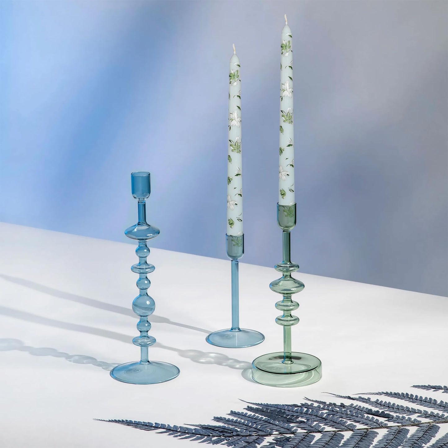 Printed Taper Candle - Baleagcdl Baby Blue with White Floral Candlesticks Handmade Long Tapered Candles 10 Inch Drip for Home Holiday Decor Gifts - Set of 2