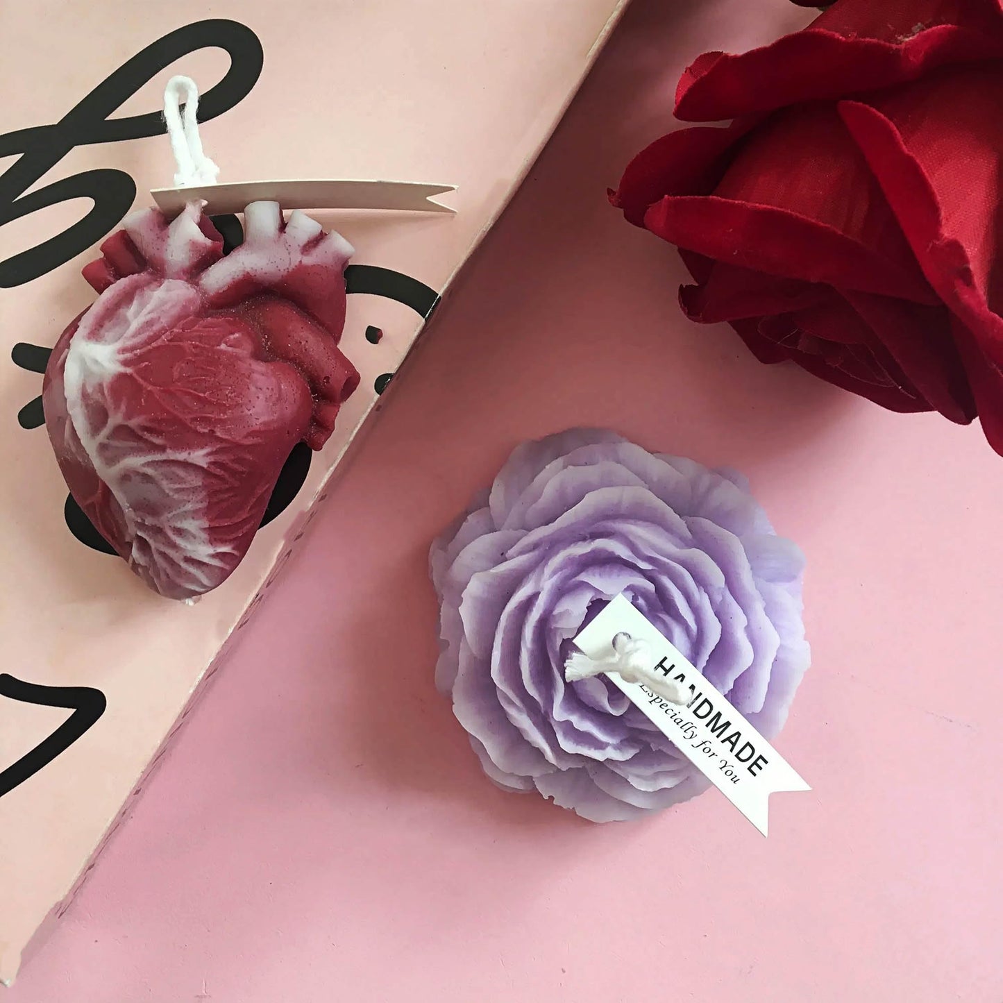 Cooary 4 Pcs Low Temperature Candles Purple Peony Flower Shaped Black Heart Red Heart Blue Austin Rose Scented Starlight Gilded Candles Adult Low Heat Body Safe Drip Wax Play for Couples