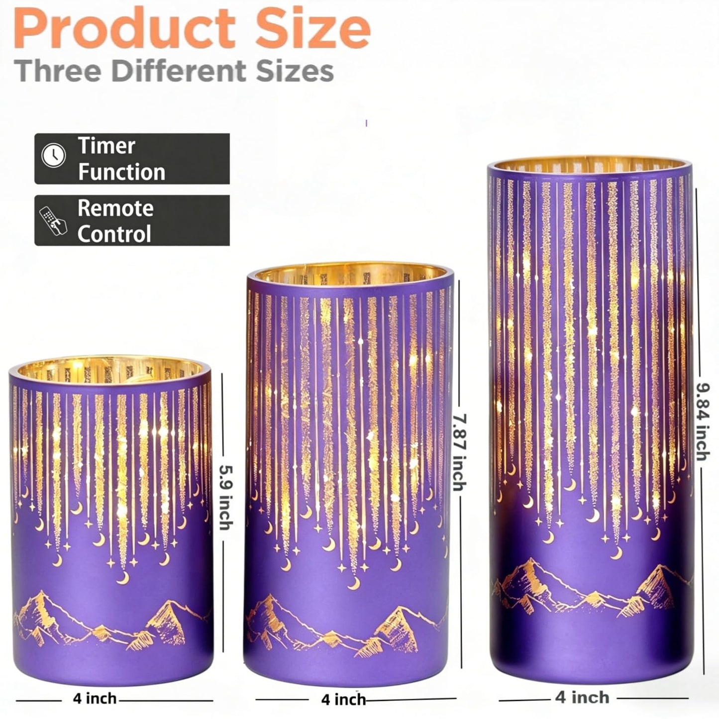 Ashroder Starry Night Elegant Hurricane Candleholders with LED Flickering Lights & Remote Timer, Decorative Glass Hurricanes for Indoor Table Centerpieces & Year-Round Home Decor, Set of 3 (Purple)