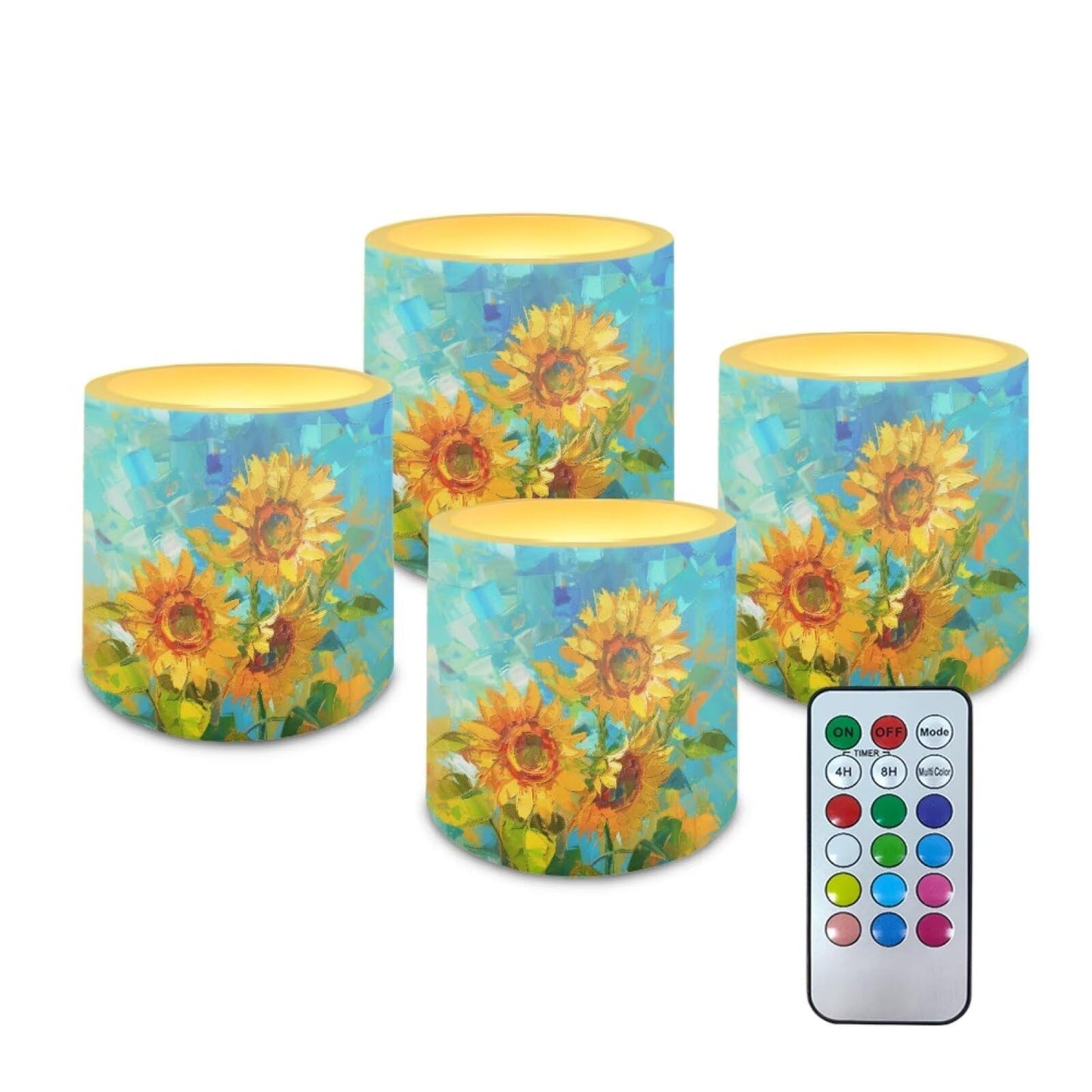 Cozeyat Sunflower Weather Resistant LED Candles 4 Pack Battery Operated Flameless Pillar Candles with Remote Control Timer for Home Patio Indoor Outdoor