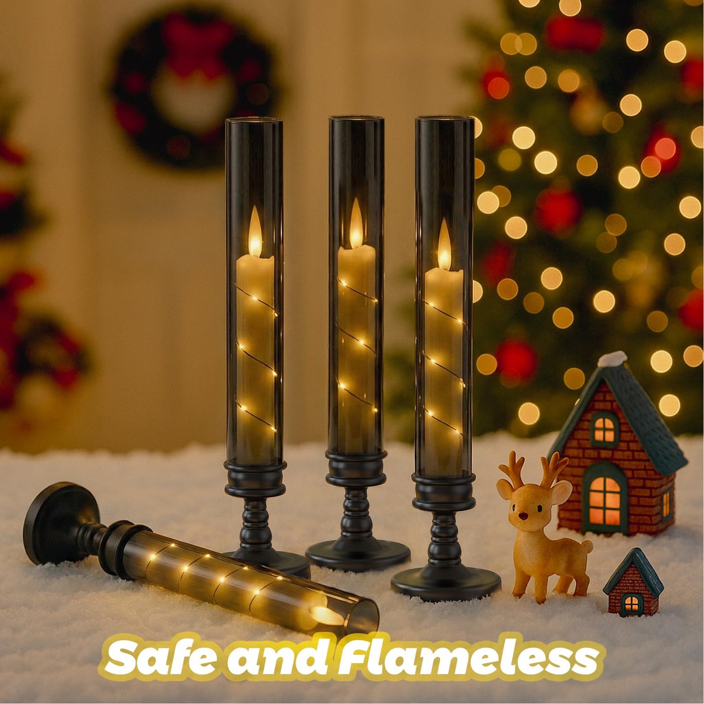 Prerish 6 PCS Flameless Candles with Timer, Flickering Flameless LED Pillar Candles for Romantic Ambiance with Embedded Star String, Acrylic Battery Perated Fake Candles for Home Decoration (Black)