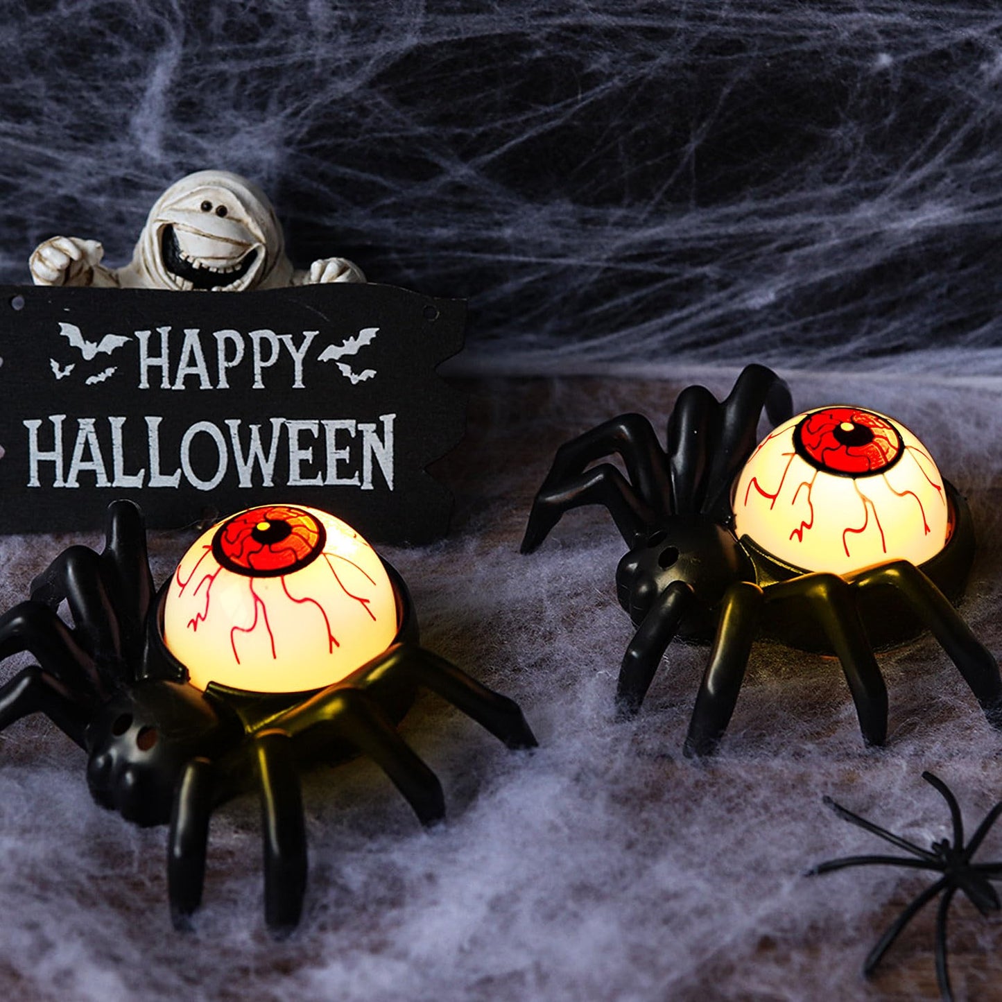 YBB 6 Pcs Halloween Spider Eyeball Tea Lights, LED Flameless Candle Holder Lights Battery Operated for Halloween PartyTable Home Spooky Decor (Eyeball)