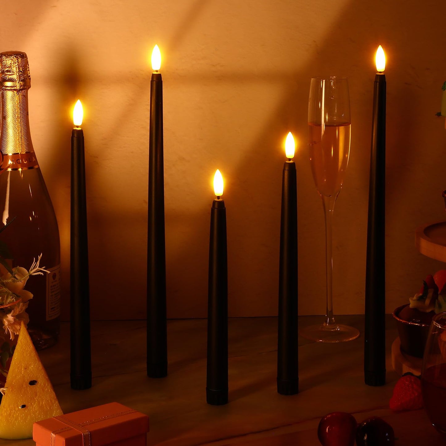 Rossesay 24 Pcs Flameless LED Taper Candles Battery Operated Candle 8.5", 9.65", 10.8", 12.8" Flameless Candlesticks Flickering for Christmas Church Wedding Indoor Decoration(Classic, Black)
