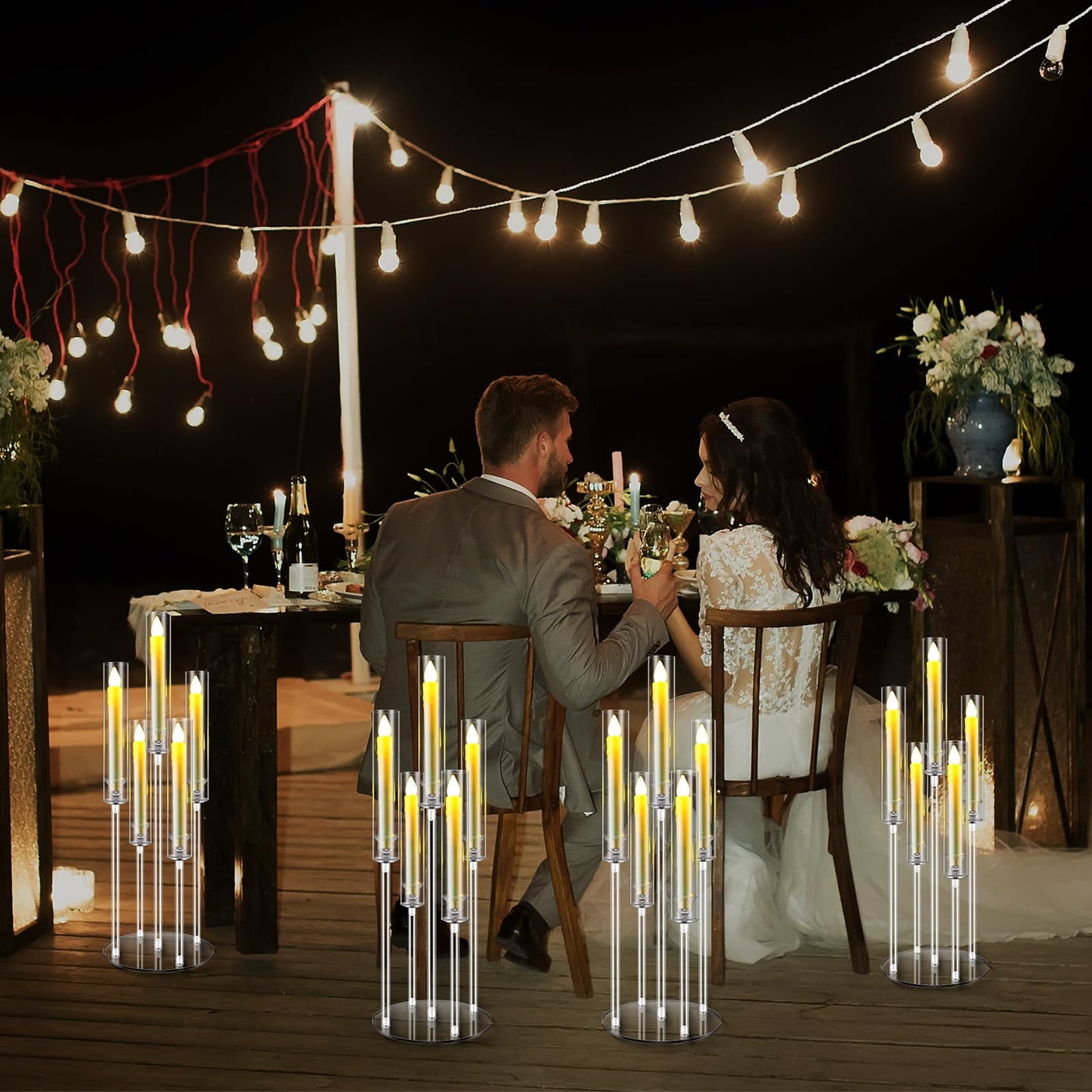 FoldTier 8 Sets 5 Arm Acrylic Candelabra Holder for Wedding Table Centerpiece 27inch Tall Floor Clear Candle Centerpieces with LED Candles and Shade for Proposal Ceremony Birthday Party Home Decor