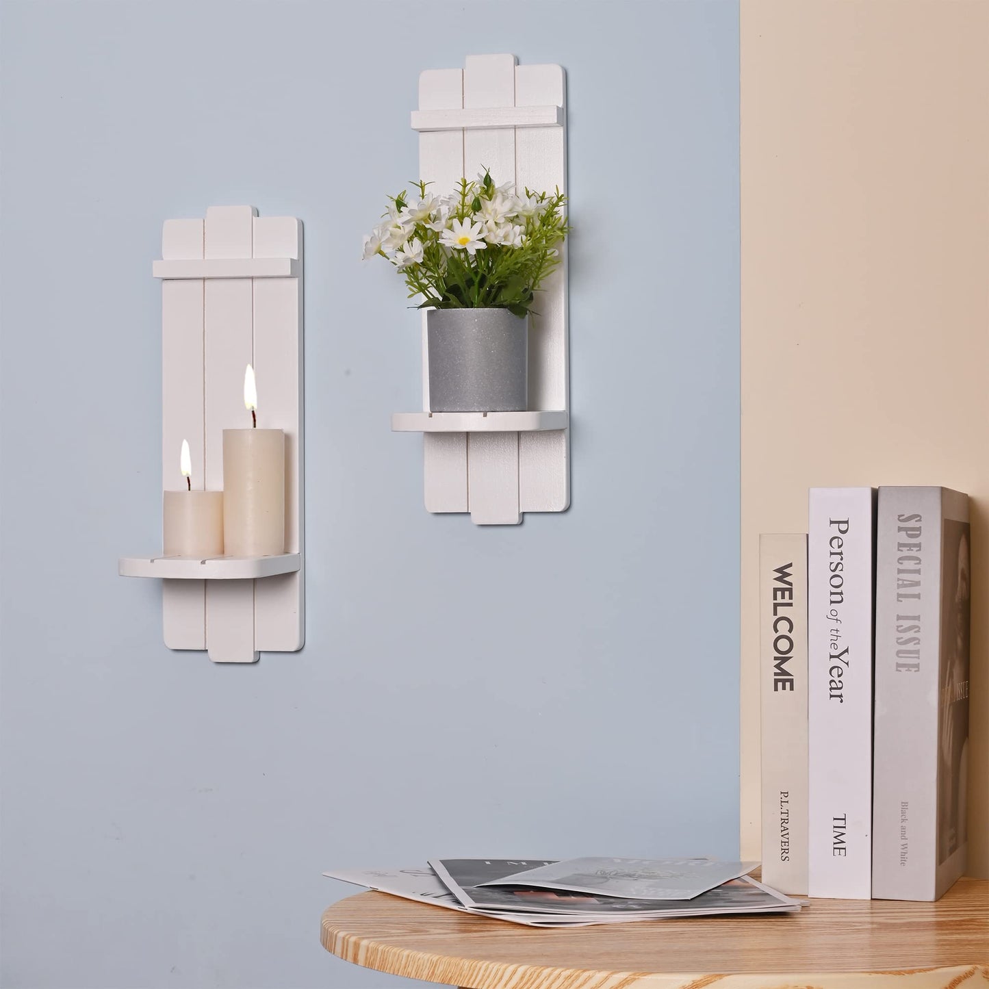Yorkmills Sconces Wall Decor Set of 2, Candle Holder Rustic Home Farmhouse Art Floating Candle Sconces Shelf White Decorations for Living Room, Dining Room, Bedroom, Bathroom