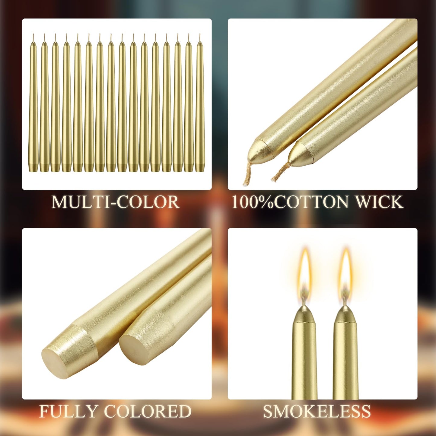 MTLEE 16 Pcs 10 Inch Long Tapered Candle Stick Bulk Smokeless Unscented Burning Candlestick Paraffin Wax with Cotton Wick for Dinner Valentine Wedding Birthday Anniversary Party Church(Warm Golden)