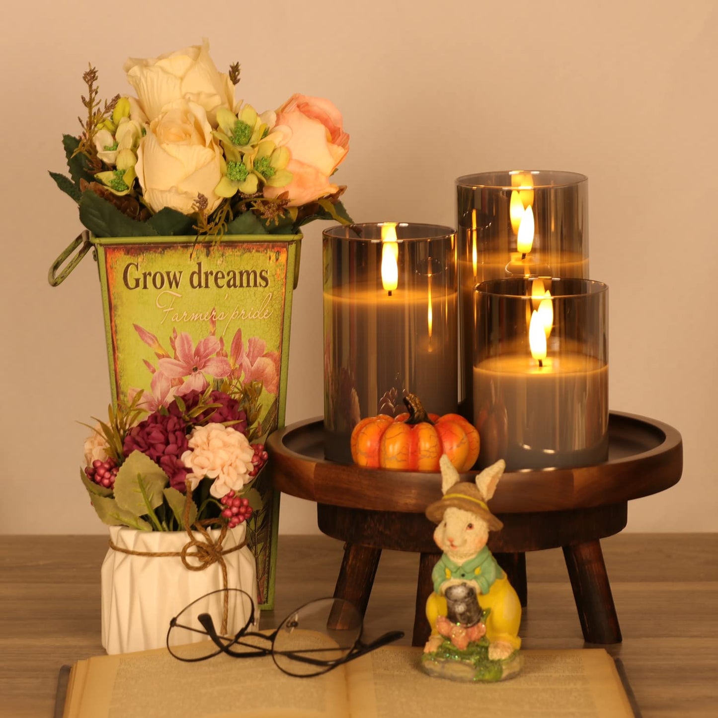 OWLZOO Set of 3 Gray Glass Flameless Candles Battery Operated with Timer and Remote, Flickering Glass LED Pillar Candles Battery Powered, Real Wax, D3 H4 5" 6"