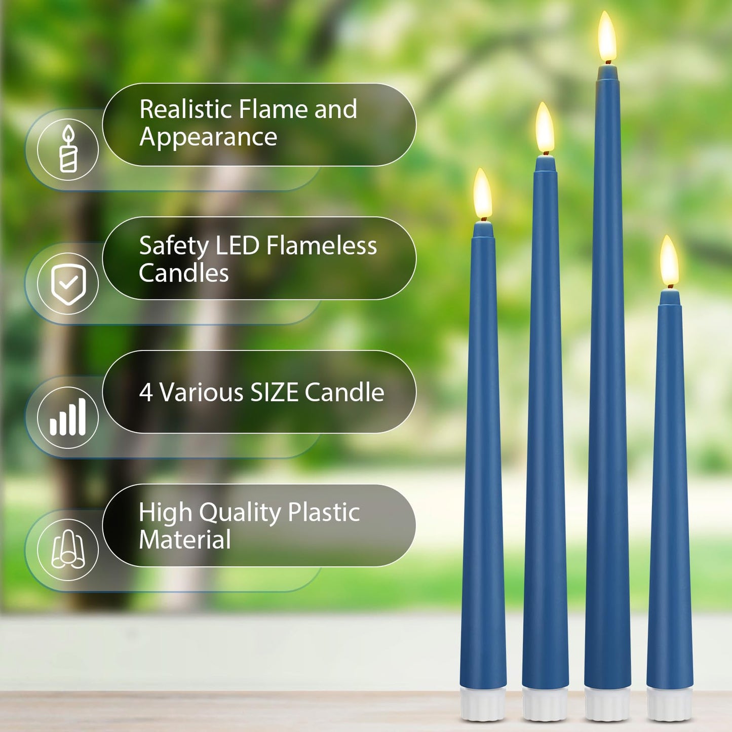 Rossesay 24 Pcs Flameless LED Taper Candles Battery Operated Candle 8.5", 9.65", 10.8", 12.8" Flameless Candlesticks Flickering for Christmas Church Wedding Indoor Decoration(Classic, Blue)