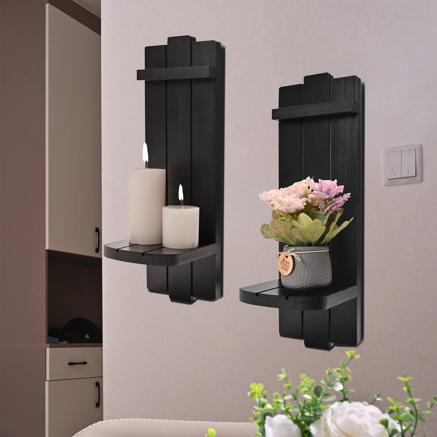 Yorkmills Sconces Set of 2, Rustic Home Decor, Farmhouse Wall Art Floating Candle Holder Shelf, Black Decorations for Living Room, Dining Room, Bedroom, Bathroom