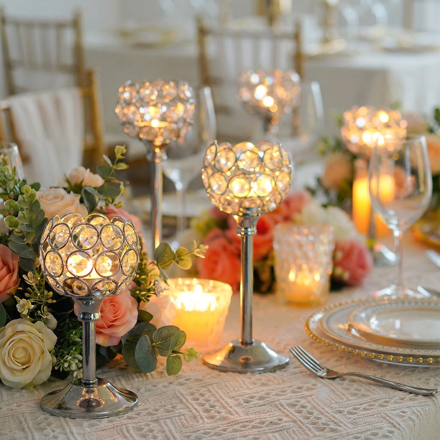 Kehail Set of 3 Silver Crystal Metal Tealight Candlestick, Bling Bowl Candelabras, Tall Votive Candle Holders Elegant Candle Centerpiece for Dining Table Wedding Decor