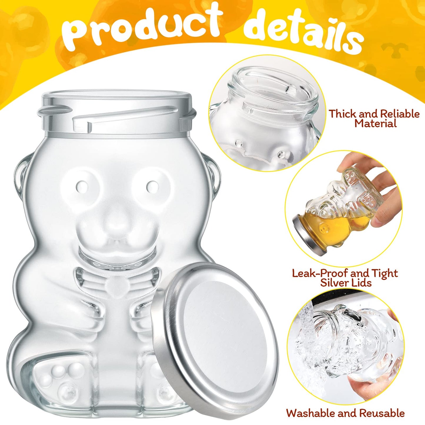 Patelai 24 Pack 4 oz Glass Bear Shaped Honey Jars with Lids Reusable Small Tilted Bear Glass Bottles Containers Dispenser for Candies, Birthday Wedding Party Favors(Classic, Silver)