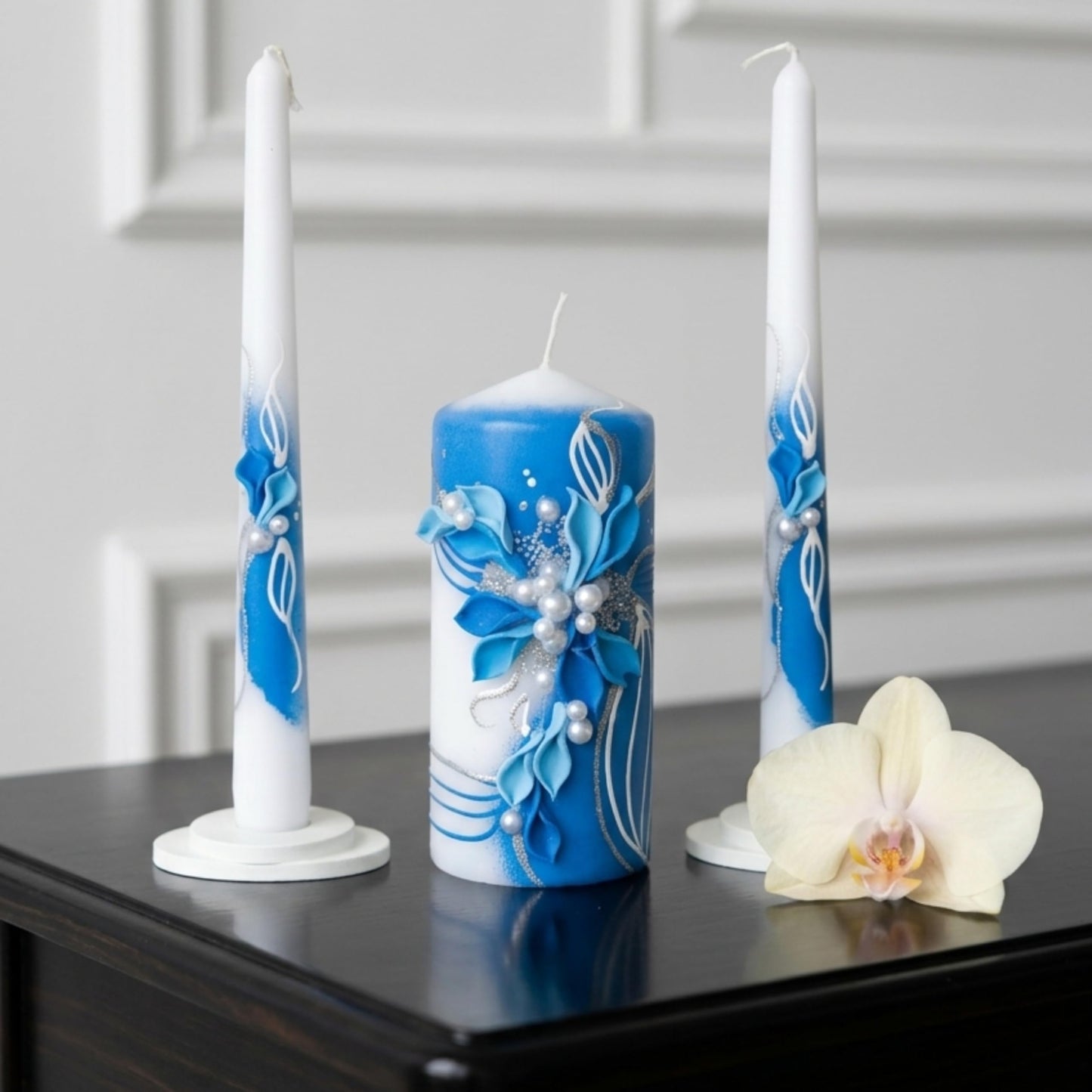 Magik Life Unity Candle Set - Wedding Ceremony & Reception – 6” Pillar & Two 10” Taper Candles – Long Burning Unity Candles for Marriage Ritual – Handmade in USA –White | Royal Blue