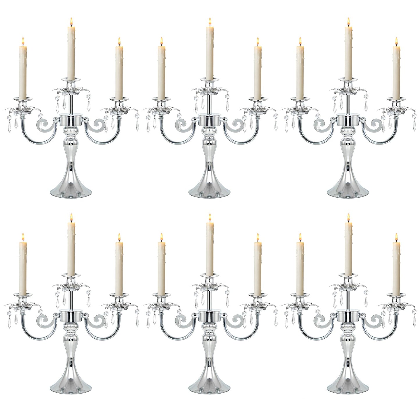 KEHAIL Metal 3 Arm Taper Candlestick Stand with Crystal Pendants - 11.8 Inch Tall Candle Holders, Elegant Centerpieces Candelabra for Wedding, Dining Table, Christmas Party (6Pcs, Silver)