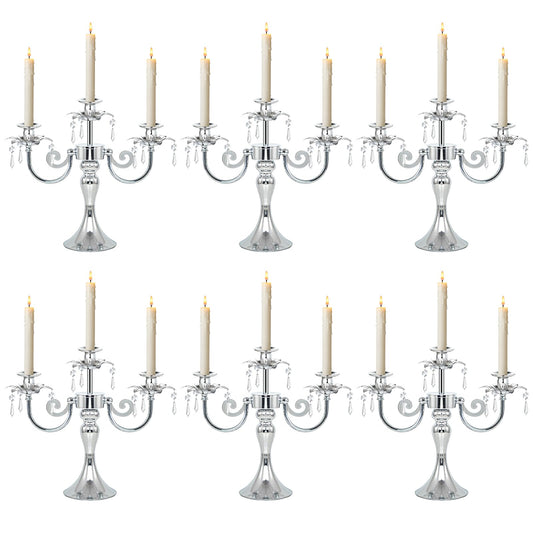 KEHAIL Metal 3 Arm Taper Candlestick Stand with Crystal Pendants - 11.8 Inch Tall Candle Holders, Elegant Centerpieces Candelabra for Wedding, Dining Table, Christmas Party (6Pcs, Silver)