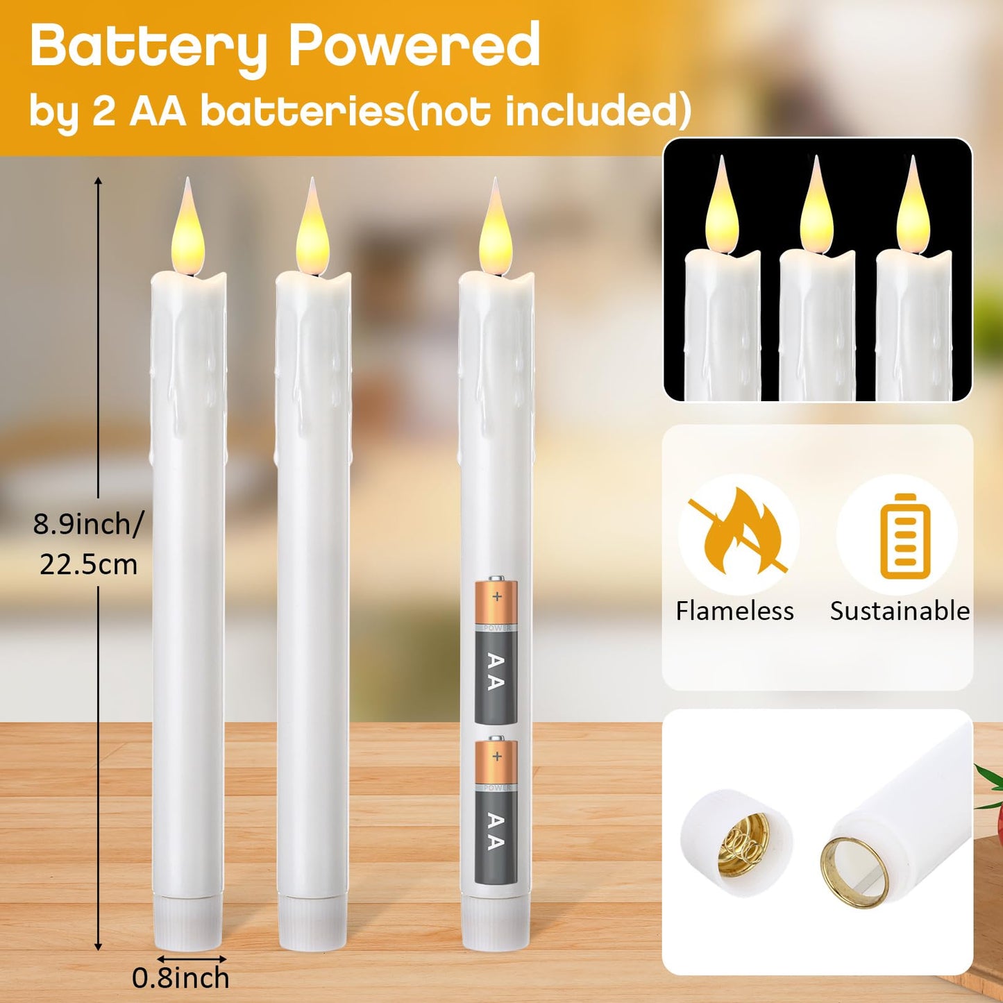 Baquler 24 Pcs 8.9 Inch Flameless Taper Candles Dripless Battery Operated LED Flickering Candlesticks Window Candle with 3D Flickering Flame for Easter Home Wedding Dinner Church Decor