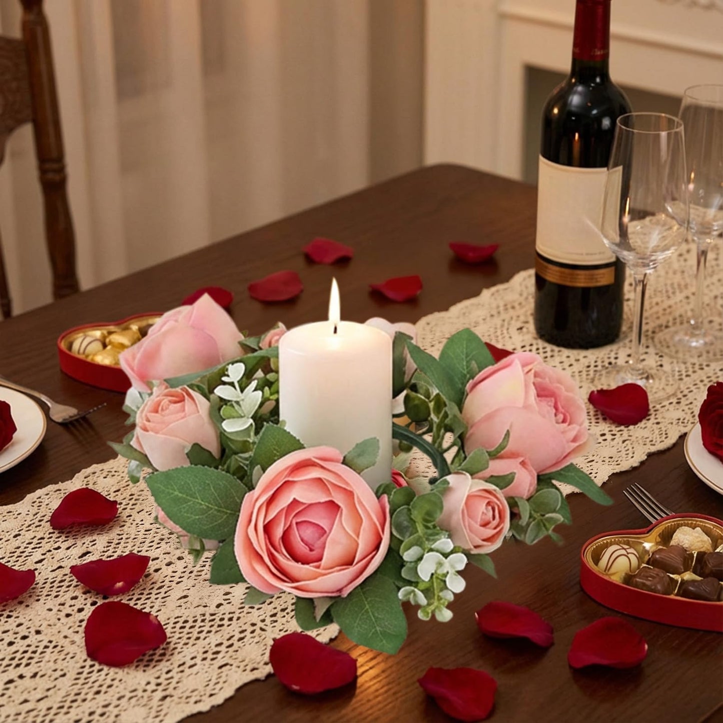 Artificial Rose Candle Rings Wreath Mini Floral Wreaths Pillar Candle Holder with Blooming Flowers and Green Leaves for Wedding Party Home Table Centerpieces Decor (Pink)