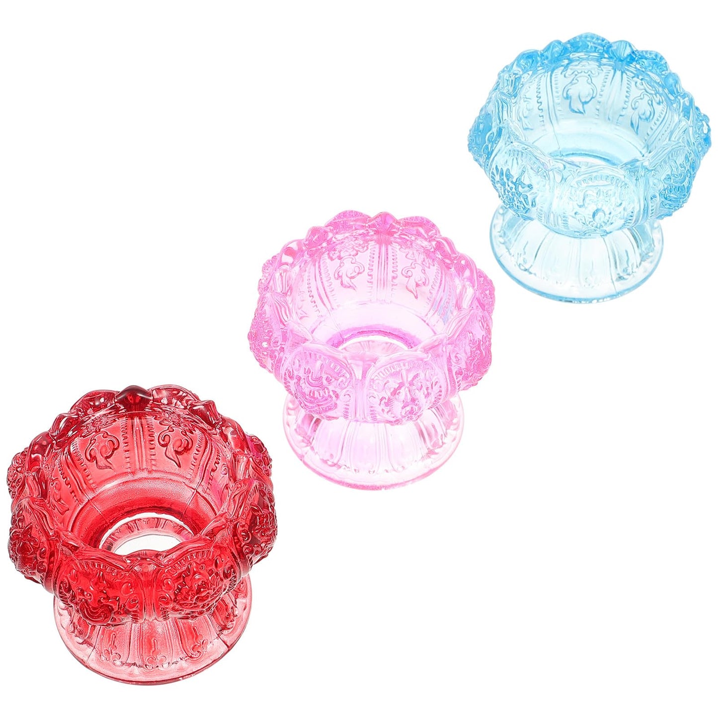 Alipis 3pcs High Base Glass Candleholders Set, Religious Butter Lamp Candle Holders with Blue, Red, and Pink Small Crystal Glass Tealight Stands for Home Décor and Spiritual Use