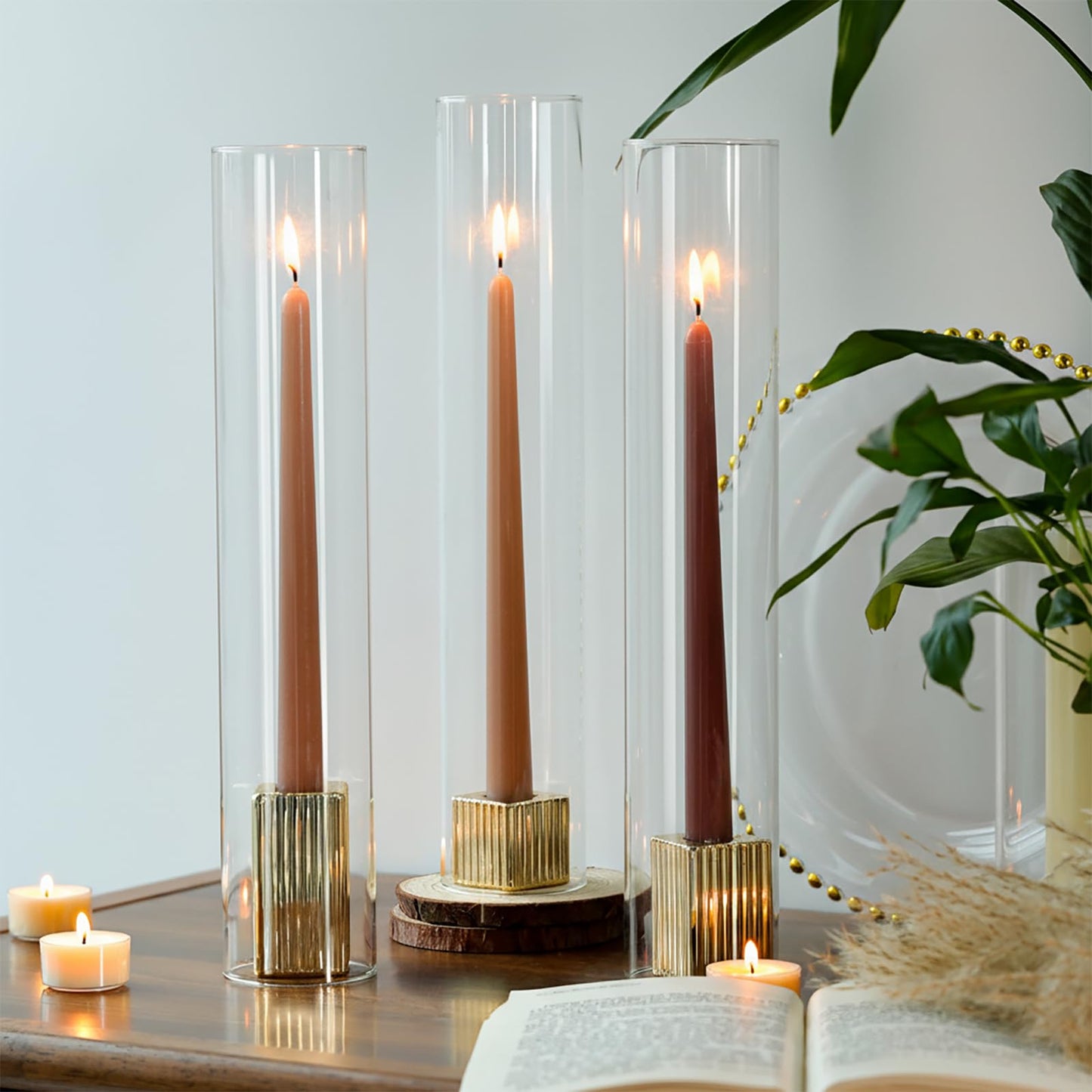 LETINE 14" Tall Hurricane Candle Holders with Gold Ribbed Taper Candle Holders Set of 3– Bulk Windproof Taper Candle Hurricane Glass for Outdoor&Indoors Wedding Centerpiece, Event & Home Decor