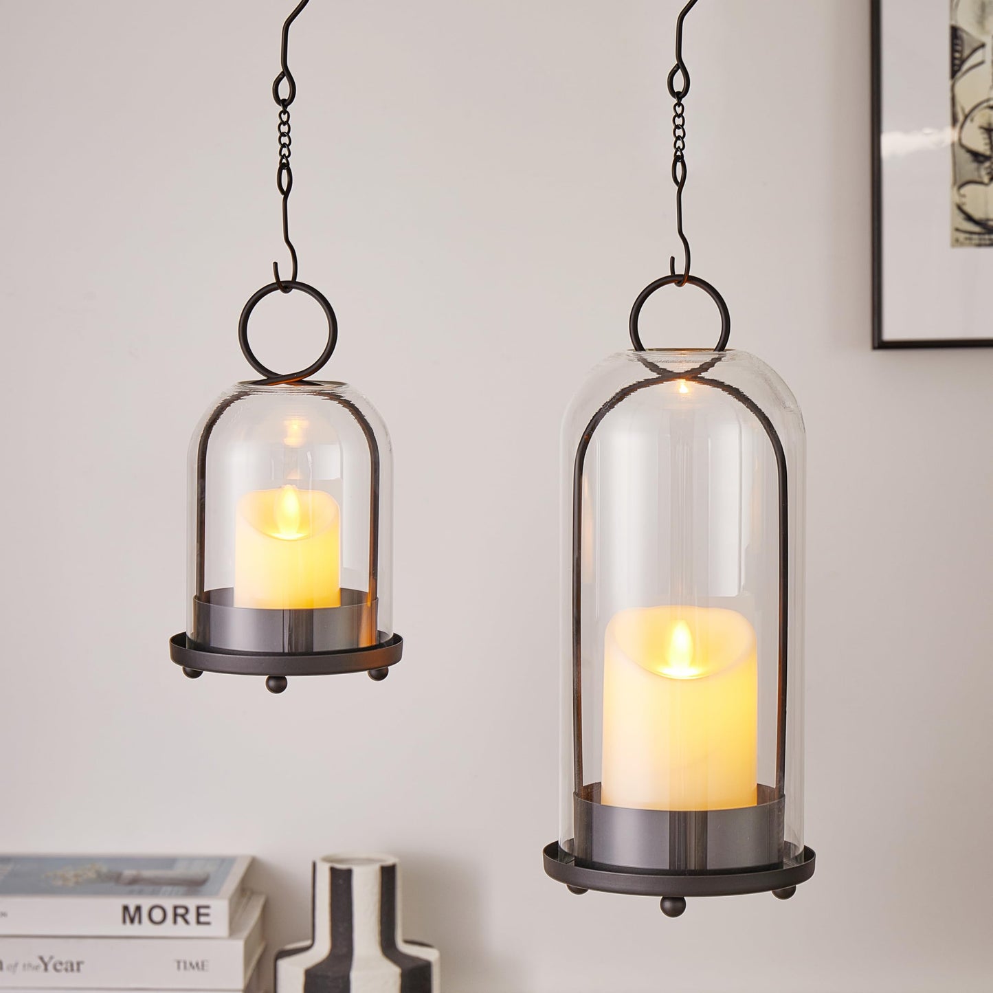BUZFOWU Candle Holder Lanterns, Handcrafted Metal & Glass with Modern Aesthetic Design, Hurricane Pillar Candlestick Holders, Table or Hanging Decorations Set of 2, 5.1" & 4.4" Diameter, Black