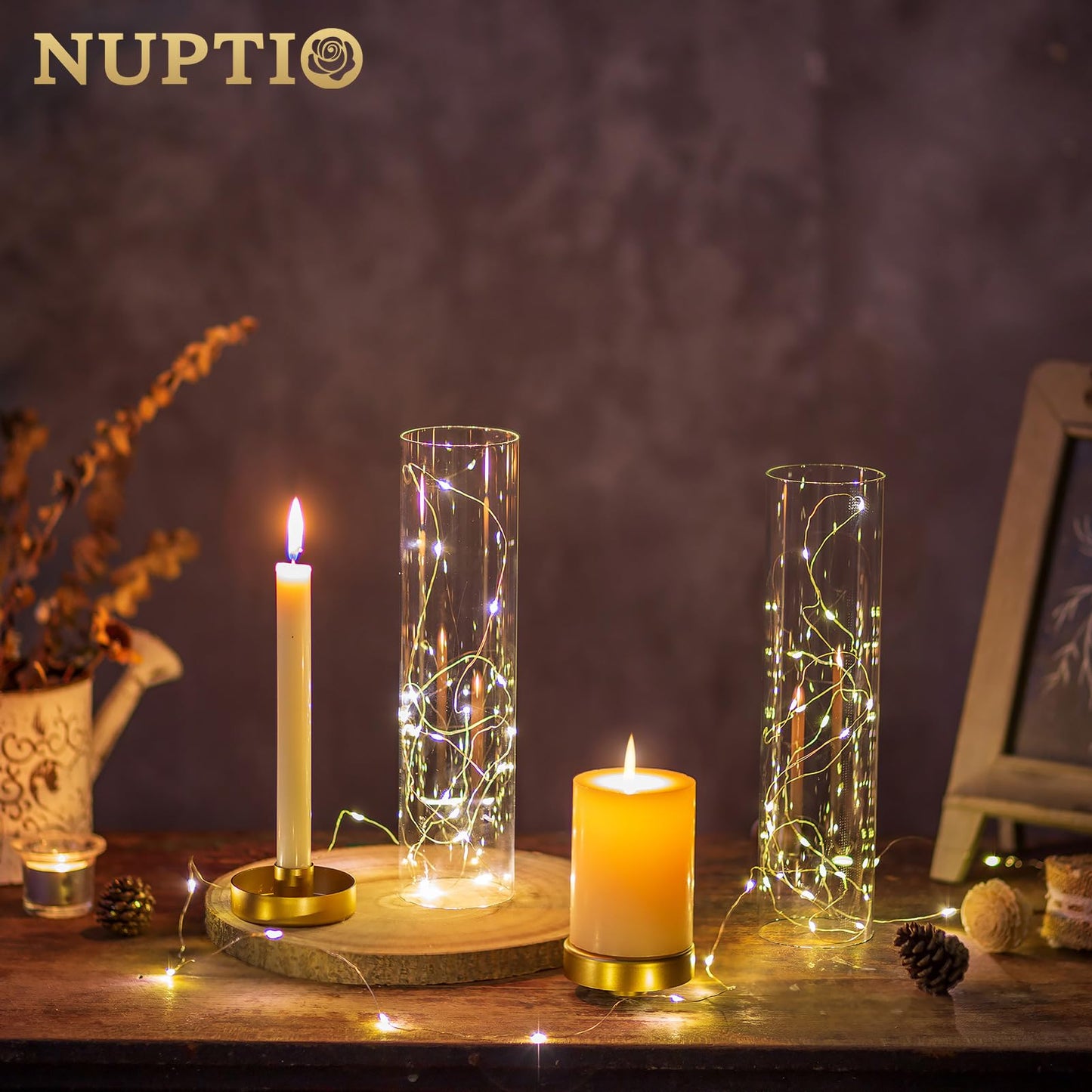 NUPTIO Hurricane Glass Candle Holders: 6 Pcs Gold Metal Taper Candlesticks Holder with 11.81 inch Long Clear Bottomless Cylinder Cover Stands for Wedding Anniversary Bridal Shower Table Centerpiece