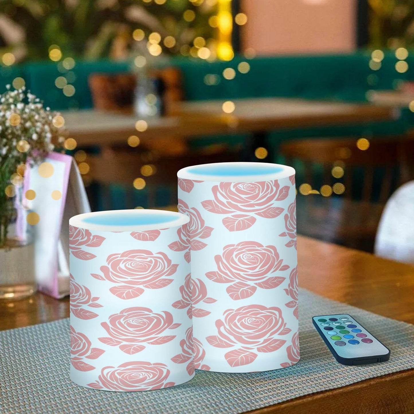 ALAZA Rose Flower Spread Tile Pattern Flickering Flameless Candles Battery Operated with Remote Timer,Tea Light Candles LED Pillar Votive Candles Set of 2 for Outdoor Indoor Decorations