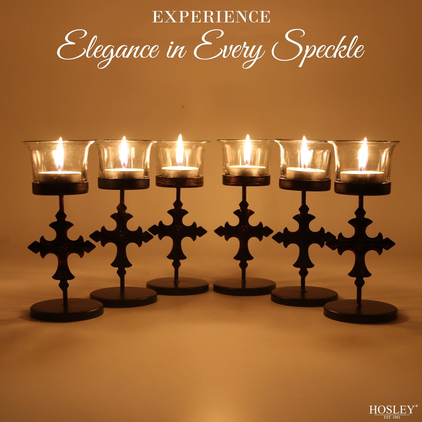 Hosley Set of 6 Black Metal & Glass Votive Candle Holders | Decorative Tea Light Holders for Home Decor, Wedding, Parties, and Dining Table Centerpieces
