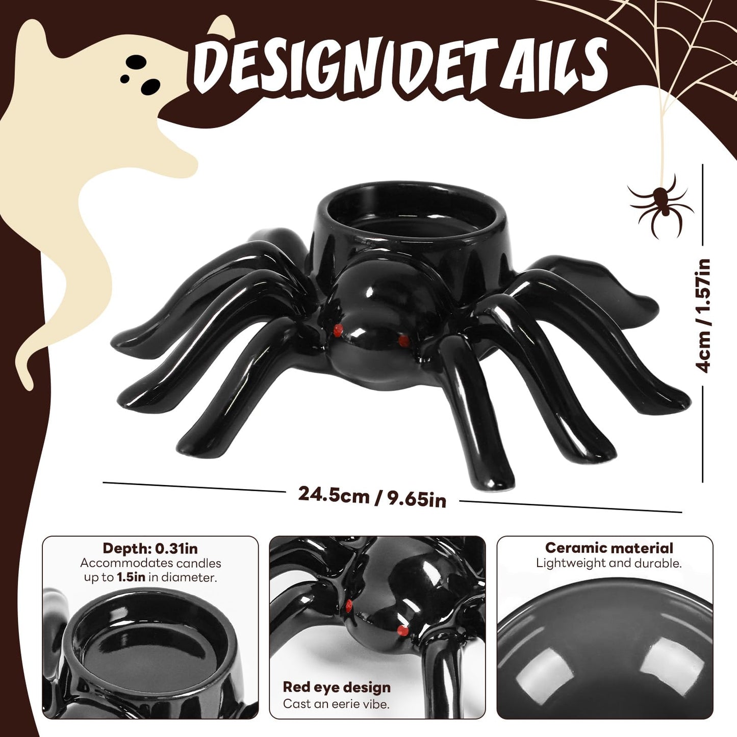 Halloween Candle Holder Black Spider Ceramic Candle Holder Halloween Decorations for Home Office Table Centerpiece, Scary Spider Tealight Candlestick for Party Decoration