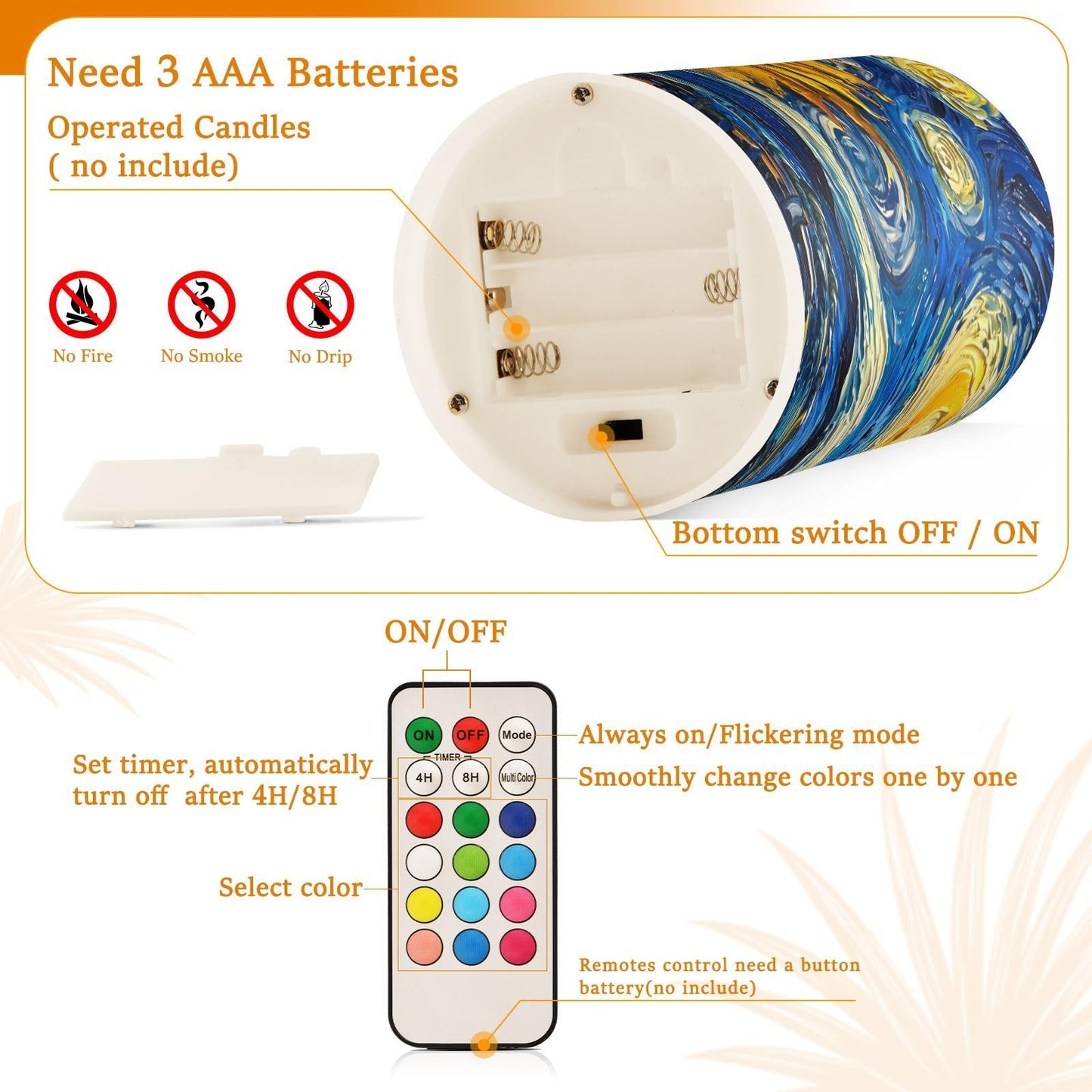 ALAZA Oil Painting Starry Night Sunflower Flickering Flameless Candles Pillar Led Candles Battery Operated Candles with Remote and Timers Set of 2