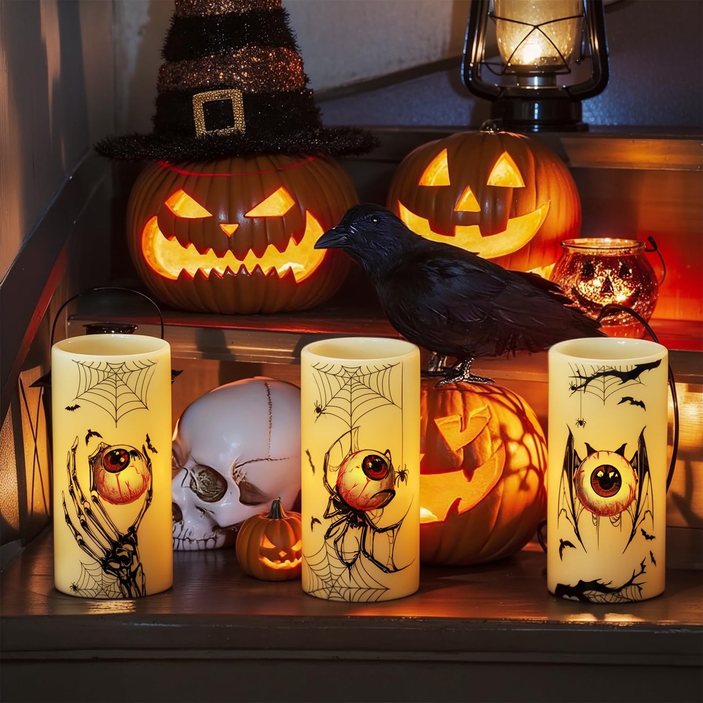 Eldnacele Halloween Flameless Flickering Candles with Timer, Battery Operated Spider Eyeballs, Bat Eyeballs, Skeleton Hand Eyeballs Decals Real Wax LED Pillar Candles Horror Spooky Decor(3pcs,D3×H6)
