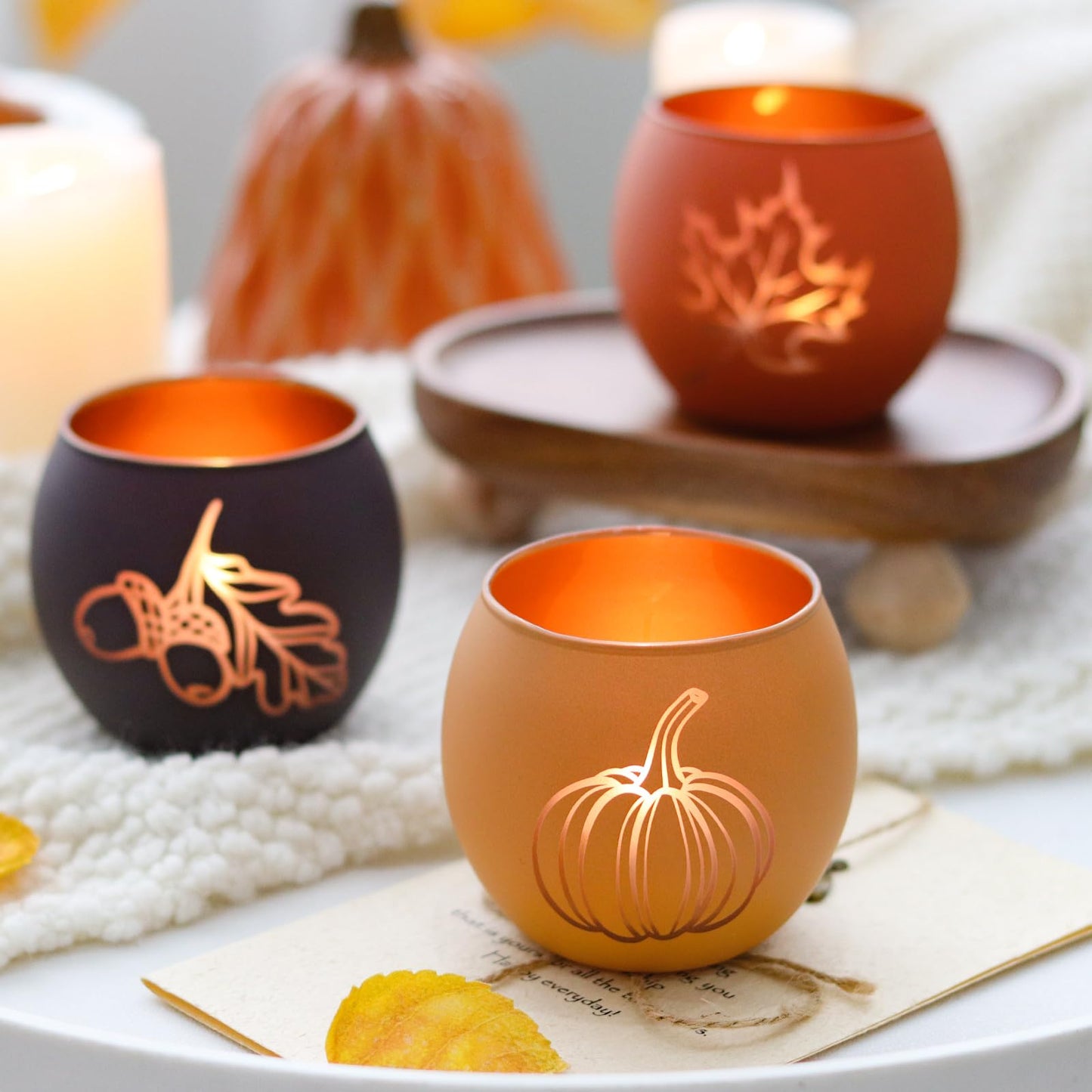 Fall Candle Holders Set of 4, Glass Tealight Votive Holders, Indoor Outdoor Thanksgiving Table Decor with Laser-Etched Maple Leaf and Pumpkin Design, Autumn Party Wedding Table Centerpieces (Brown)