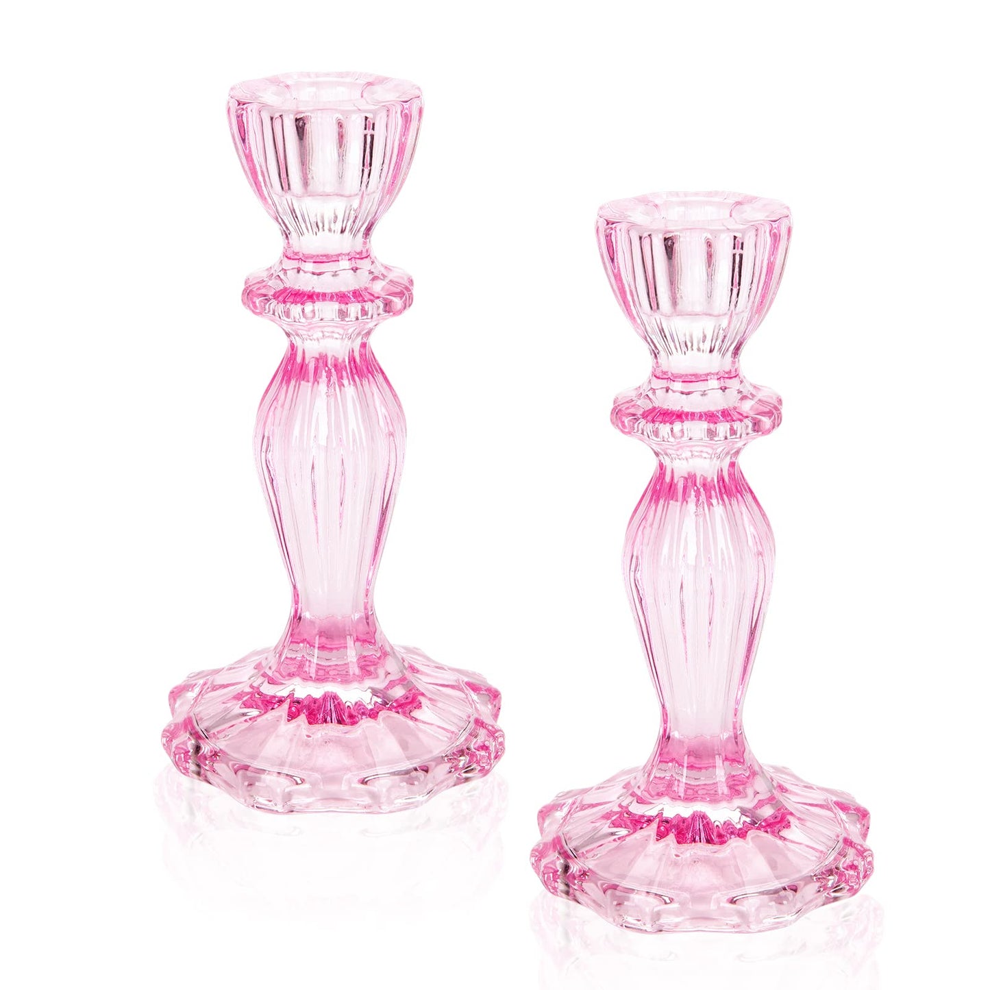 Glass Candle Holders, 2PCS Decorative Candle Stand Wide Base Candlestick Holder Table Centerpiece Decor for Wedding Festival Party Windowsill, Pink