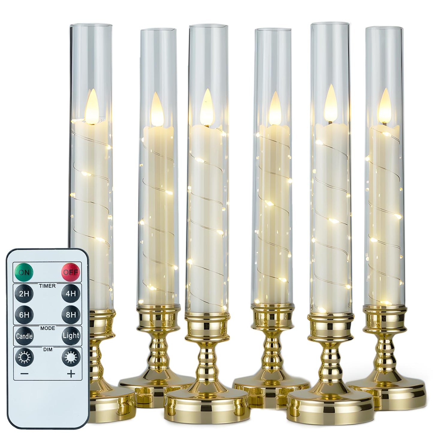 Prerish 6 PCS Flameless Candles with Timer, Flickering Flameless LED Pillar Candles for Romantic Ambiance with Embedded Star String, Acrylic Battery Perated Fake Candles for Home Decoration (Gold)