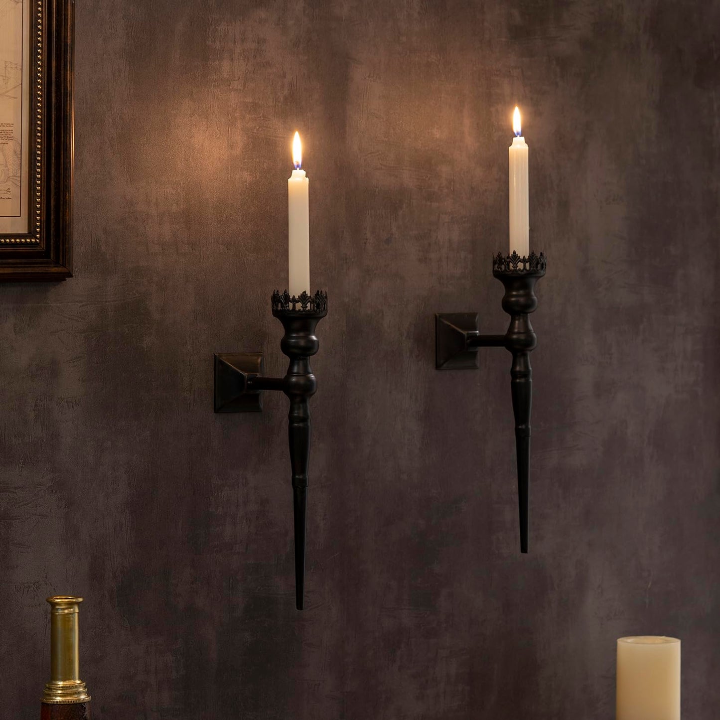 Woparty Gothic Wall Sconce Candle Holder for Taper Candles (Set of 2) Black Iron Crown and Scepter Design Victorian Wall Decor for Living Room, Bathroom,Dining Room