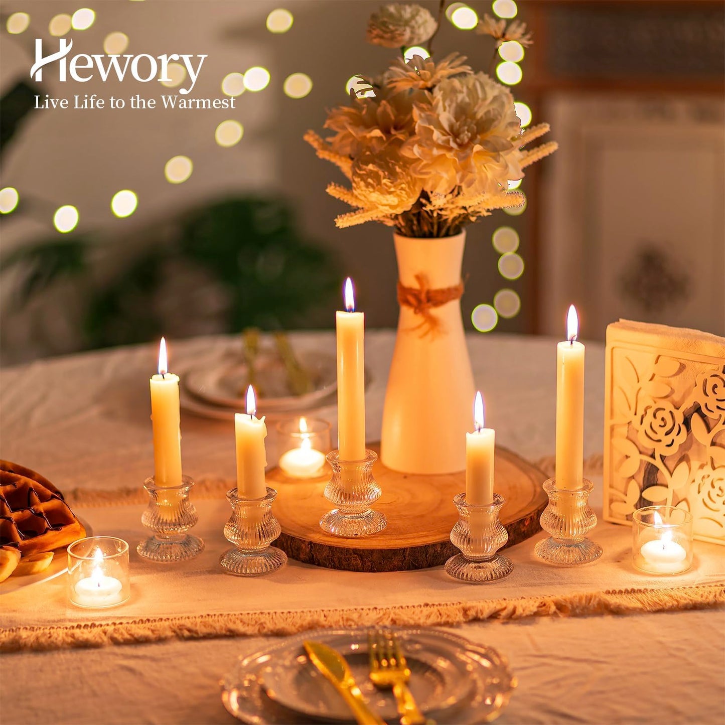 Hewory Glass Taper Candle Holders: 20PCS Clear Candle Holder Candlestick Holders, Crystal Ribbed Candle Sticks Holder Decor for Table Centerpiece Wedding Advent Wreath Christmas Thanksgiving Dinner