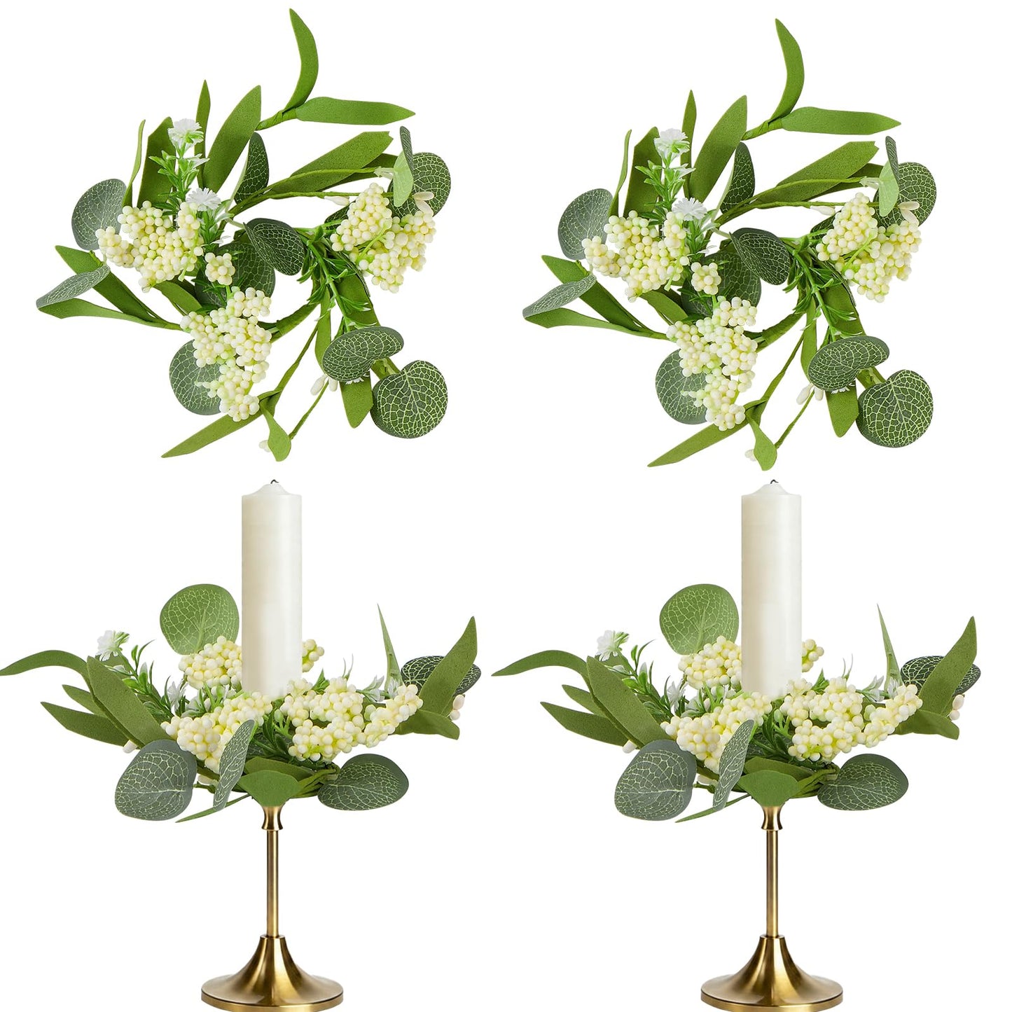 4 PCS Eucalyptus Taper Candle Rings Wreaths White Berry 1.38" Mini Spring Summer Floral Candle Holder Green Artificial Flower Wreaths for Home Wedding Church Table Centerpieces Decor