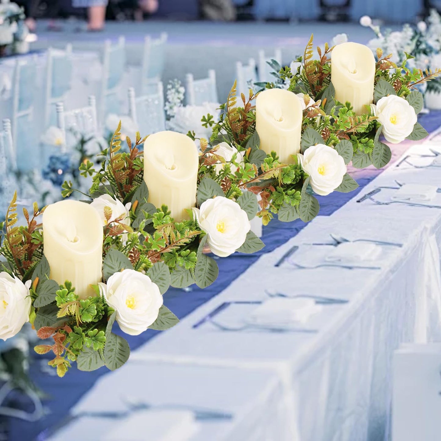 4 Pcs White Rose Candle Rings, Candle Rings Artificial Eucalyptus Leaves Wreaths Candle Rings Wreaths Greenery Wreath Candle Rings for Wedding Centerpiece Party Home Table Decor