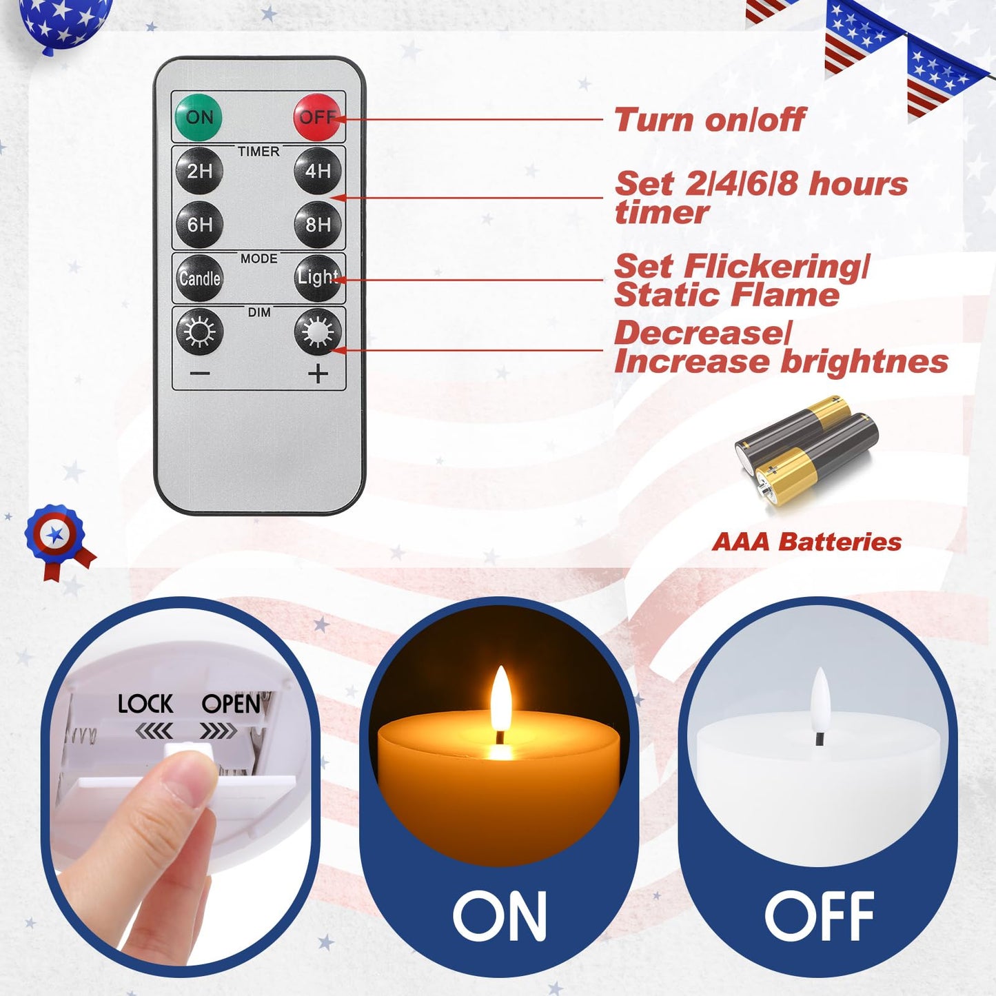 Retisee 3 Pcs 250th Anniversary Large Flameless LED Candles with Remot & Timer, 4th of July Red White Blue Battery Operated Wax Pillar Candles for USA American Patriotic Party Decorations