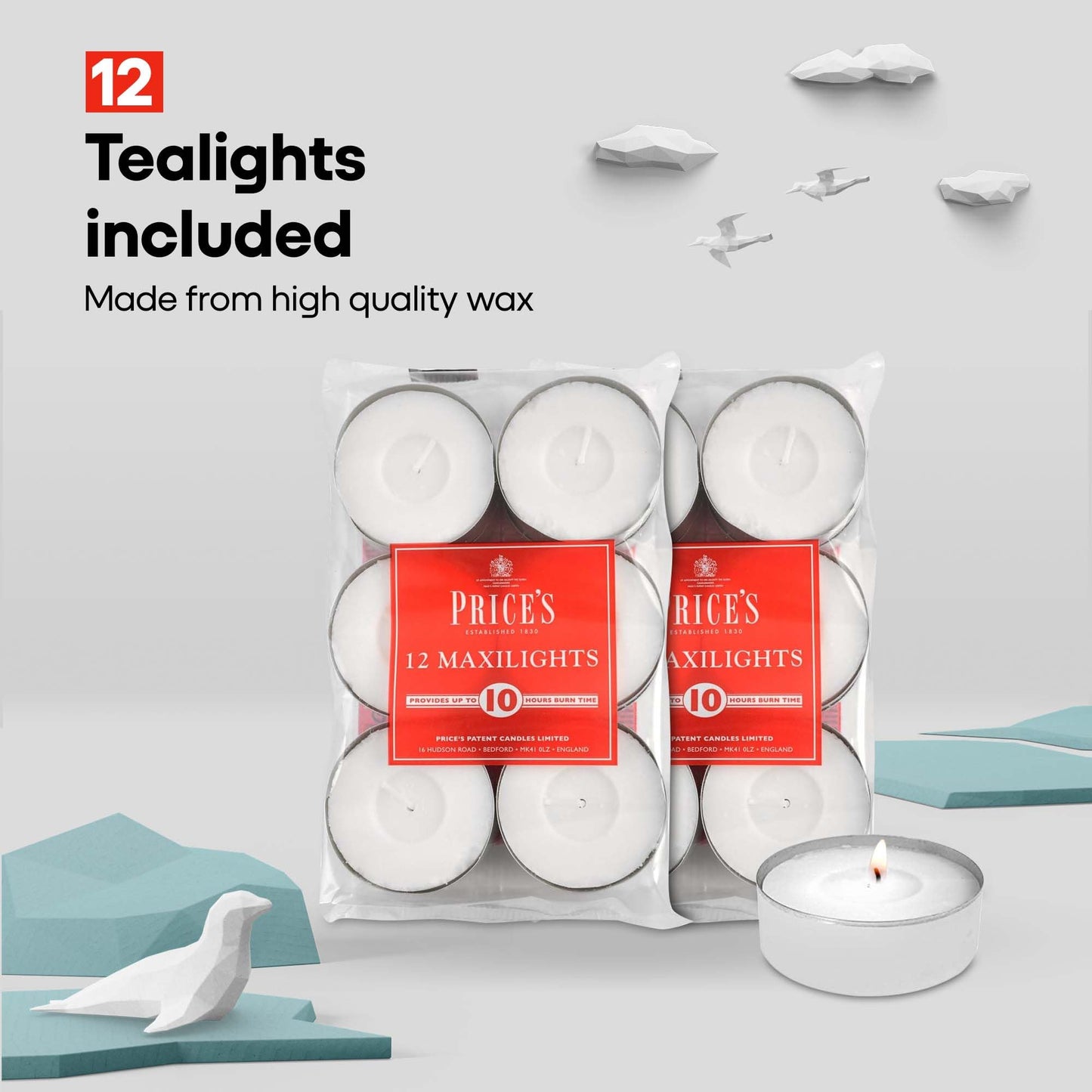 Price's - Maxi Tealights - Pack of 12 - Unscented - 10 Hour Burn Time - Quality White Wax