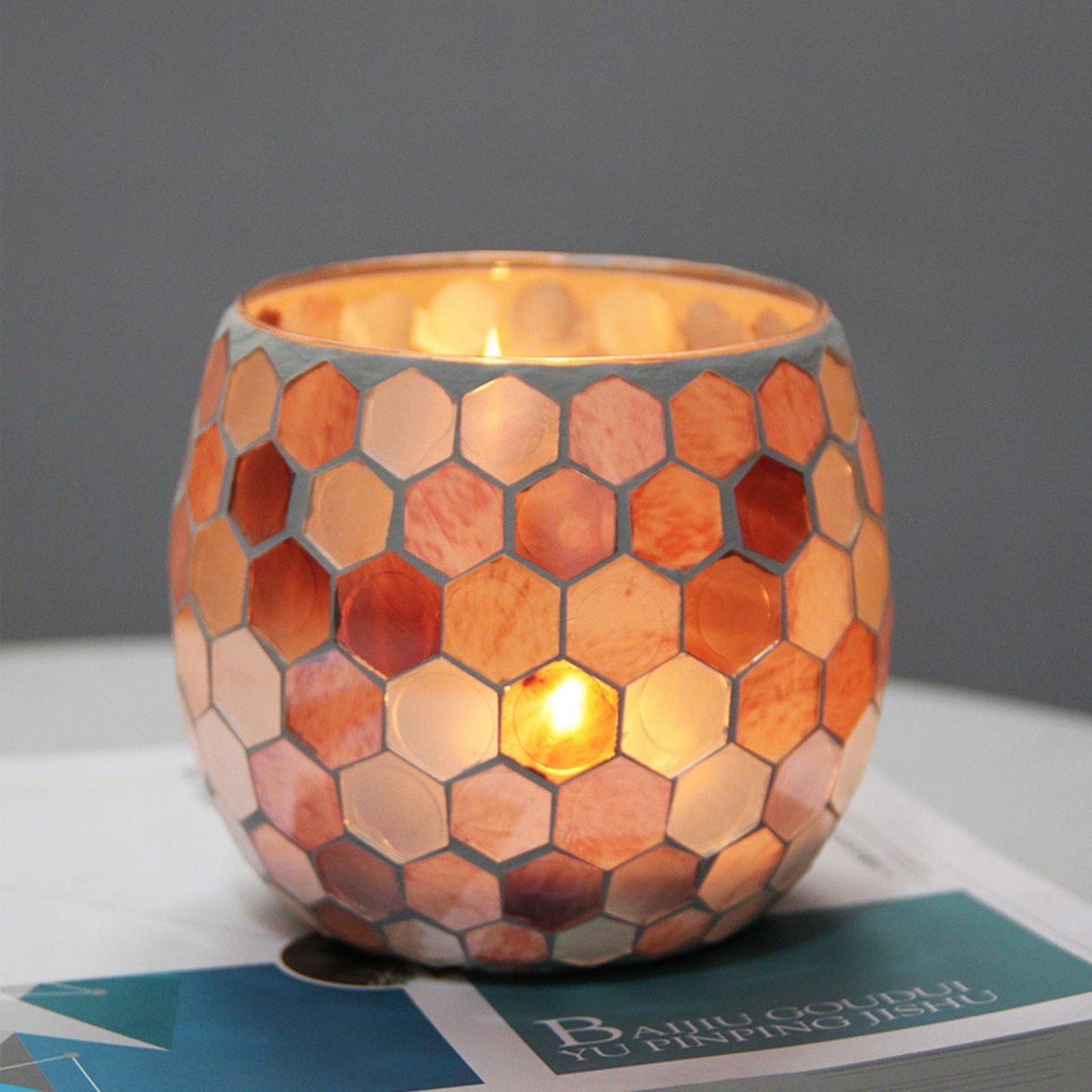 JOUDOO Round Shell Tealight Holder, Mosaic Glass Votive Candle Holder Centerpiece for Wedding, Gift, Candlelight Dinner, Home Decor (Shell Hive)