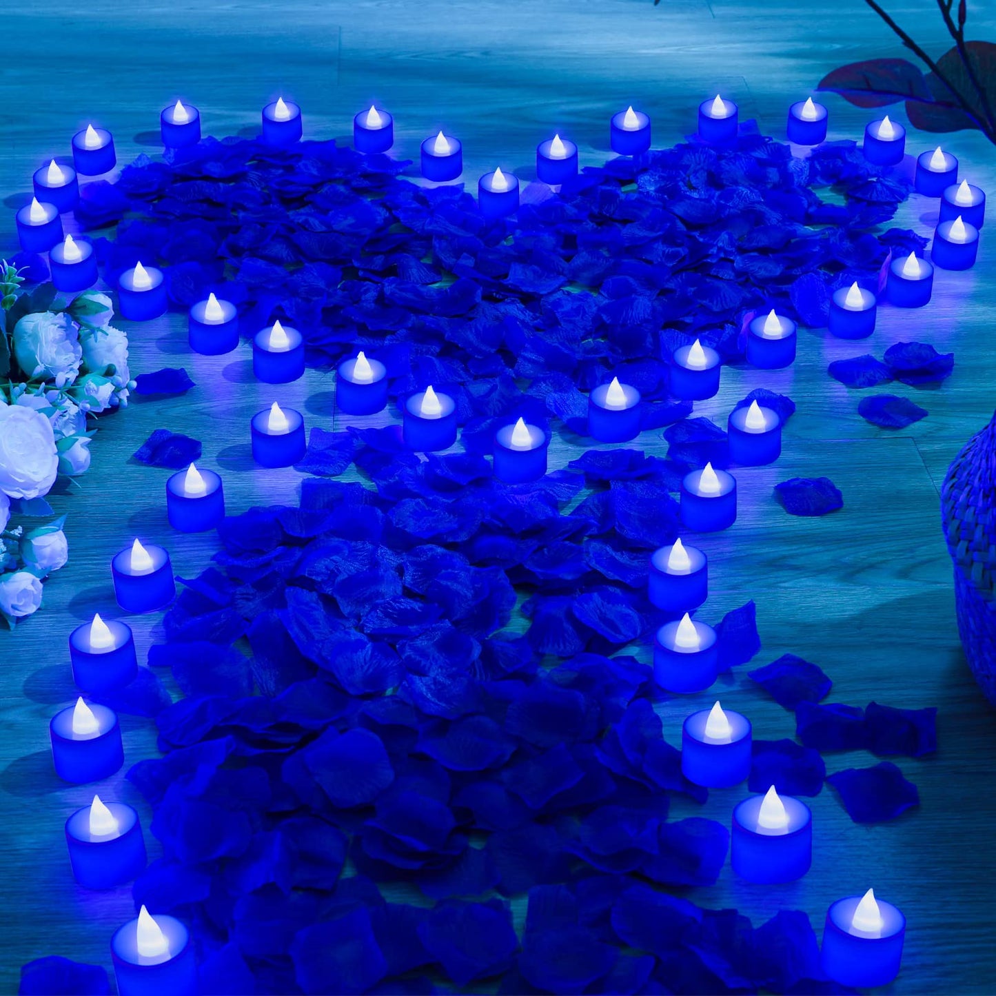 Coume 6000 Pcs Artificial Rose Petals with 72 Pcs Flameless LED Candles Romantic Decorations Fake Candles Anniversary Decorations for Valentine's Day Wedding Night(Blue)