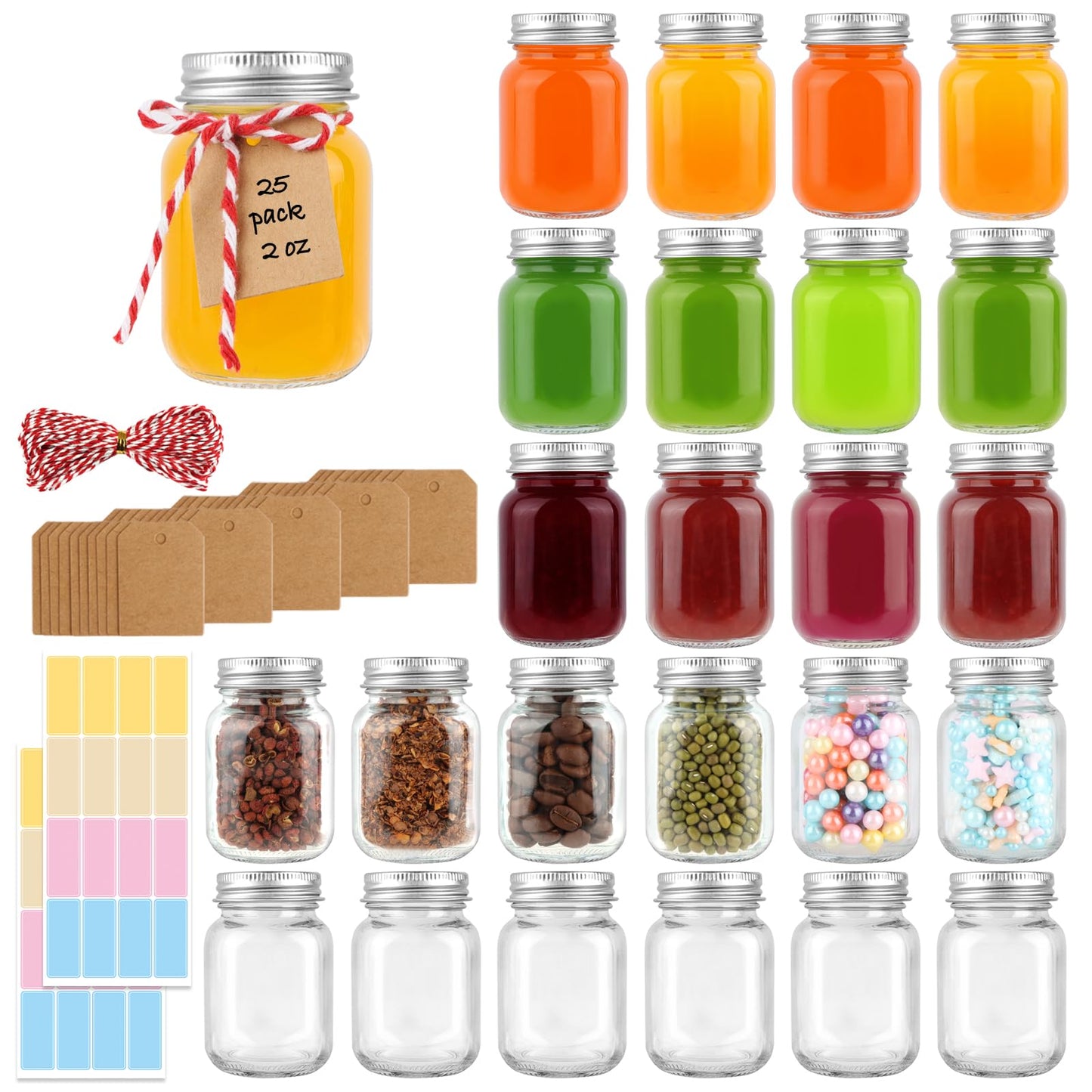 CARBLIN 25 Pack 2 oz Mason Jars with Silver Lids, Mini Glass Jar for Ginger Shots, Small Juice Shot Bottles with Caps, Container for Beverage Storage Candle Gifts Honey Jam Spices Party Favors