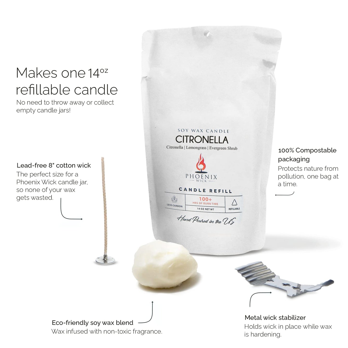 Phoenix Wick Candle Making Kit – Transform Anything Into A Candle – Candle Making Kit with Wick + 14oz Wax (Citronella Scent)