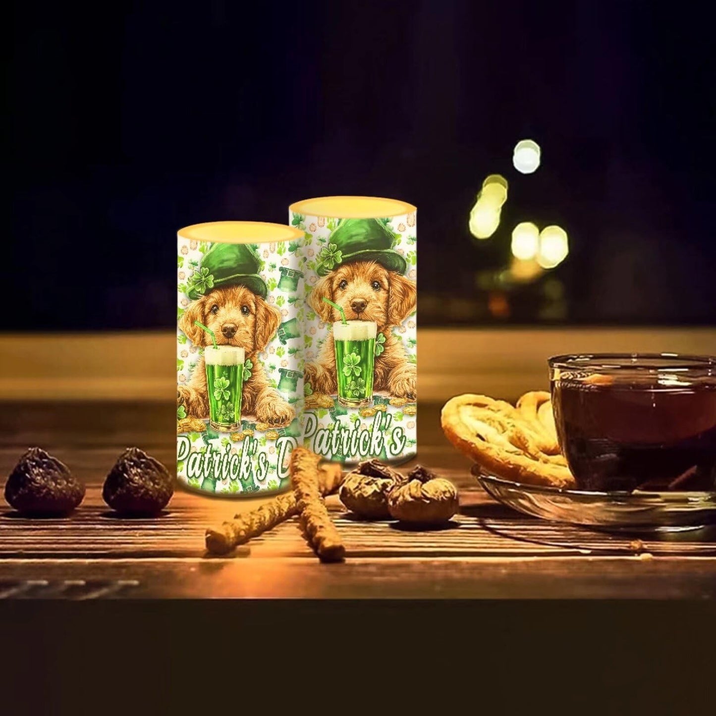 Luarisgur St Patricks Day Flameless Candles Green Dog Battery Operated Candles with Remote and Timer LED Flameless Candles 2 Pack 6 x 3 inch for Home Decor Bedroom