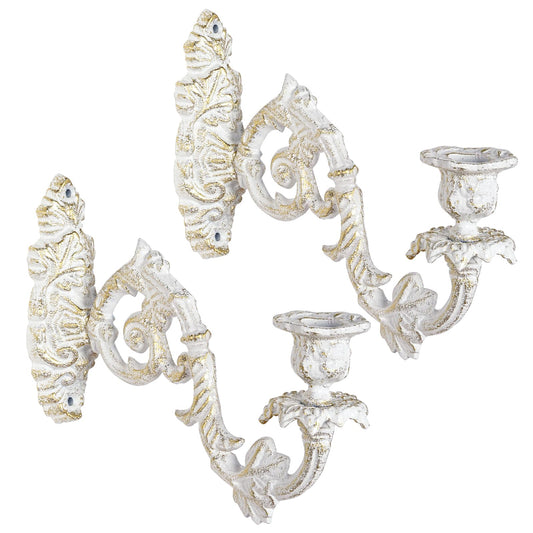 Sungmor Set of 2 Ornate Cast Iron Wall Candle Sconces,Distressed White with Gold Accents,Vintage Taper Candle Holders,Decorative Wall-Mounted Sconces for Living Room,Bedroom and Farmhouse Decor